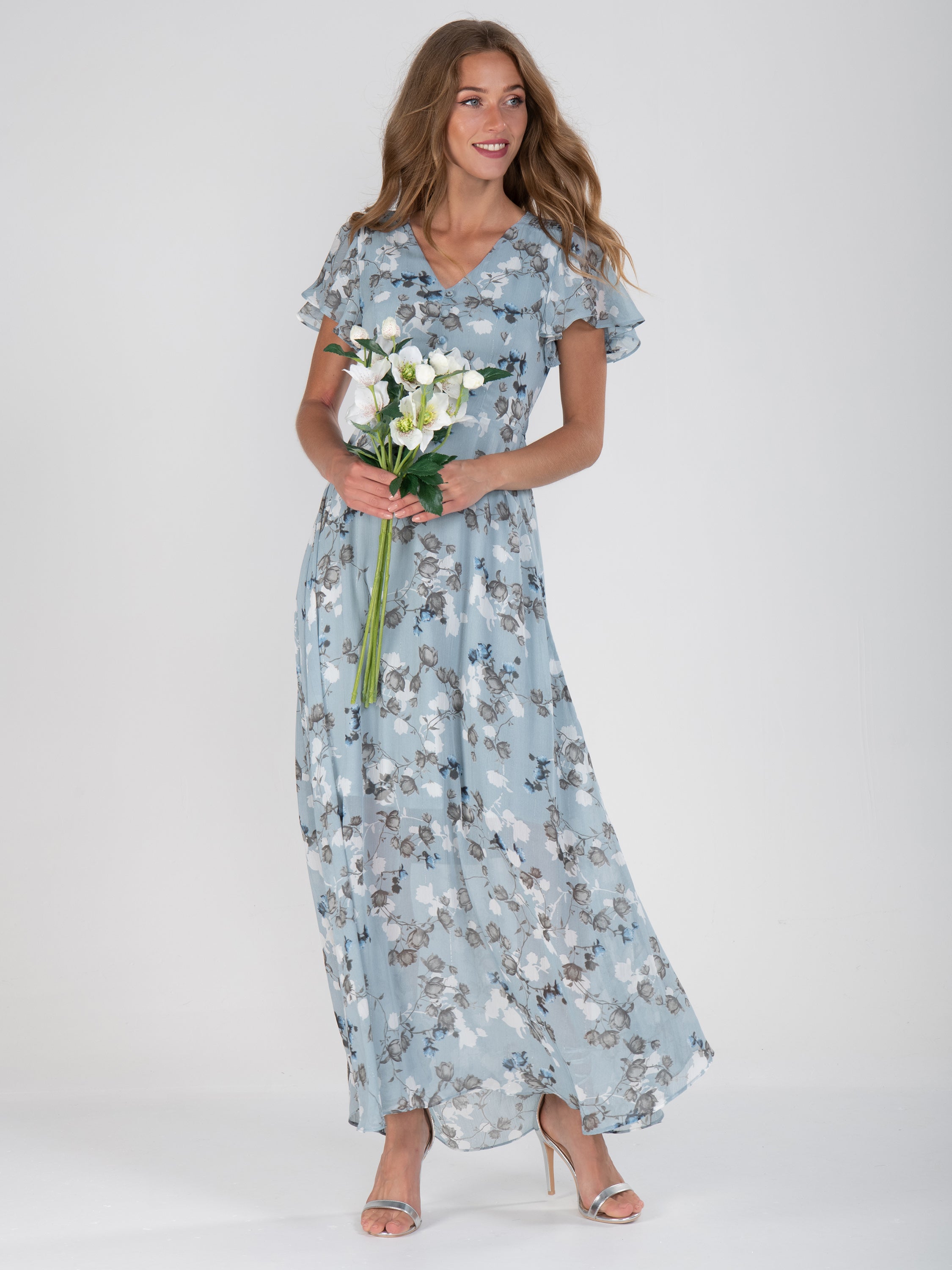 Flare Sleeve Chiffon Maxi Dress, Grey Floral