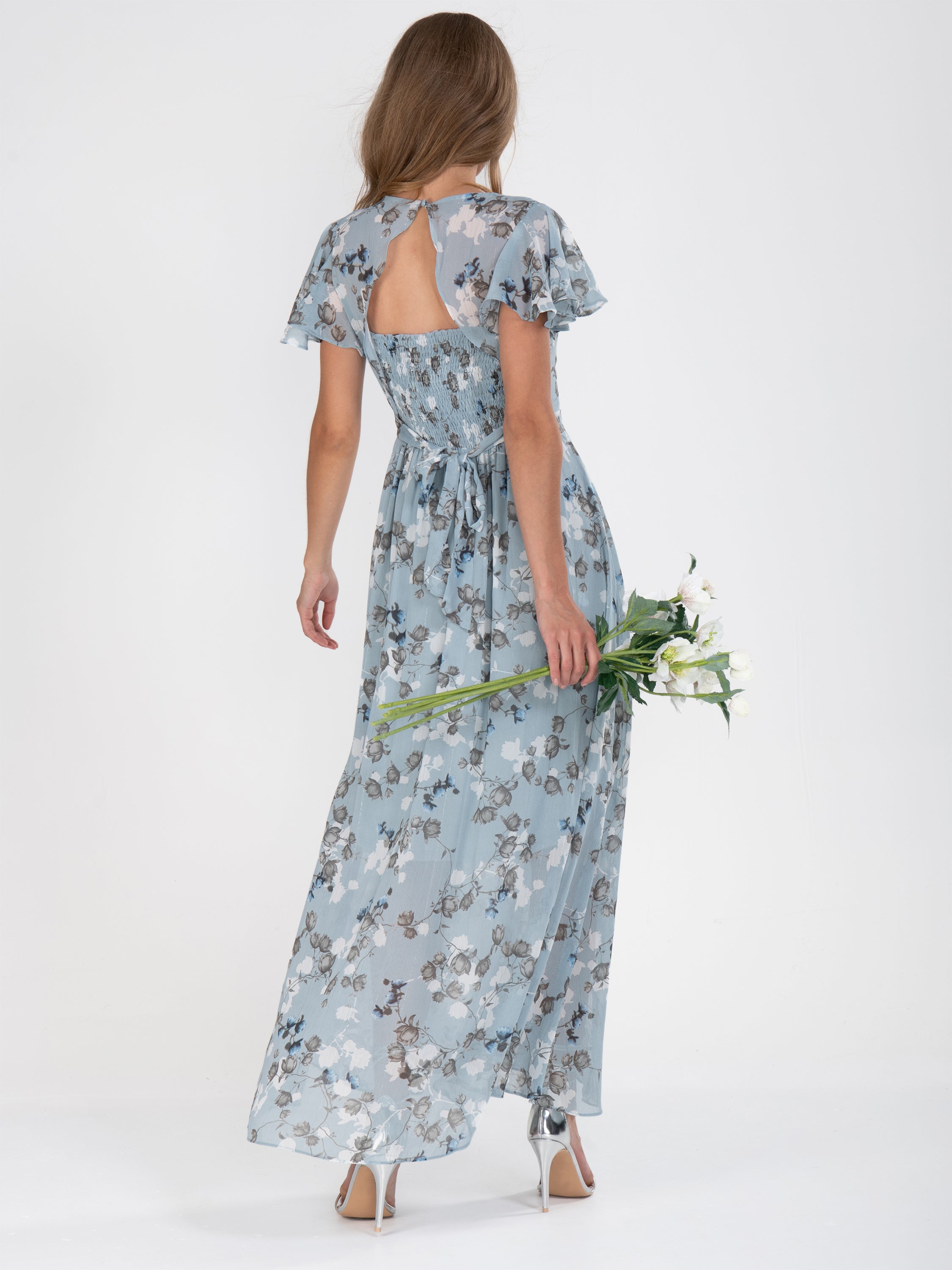 Flare Sleeve Chiffon Maxi Dress, Grey Floral