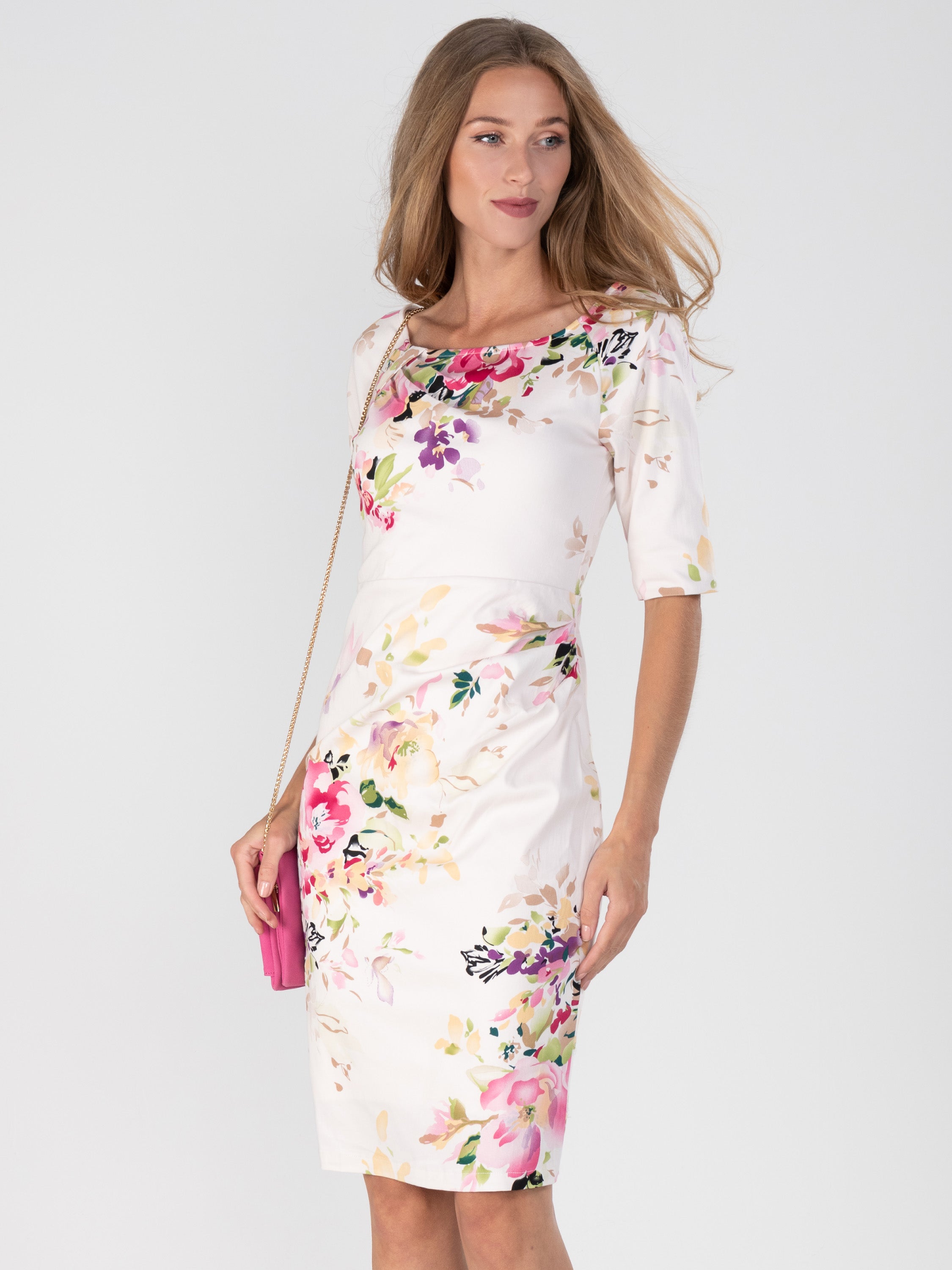 Retro Floral Print Half Sleeve Dress, Pink Floral