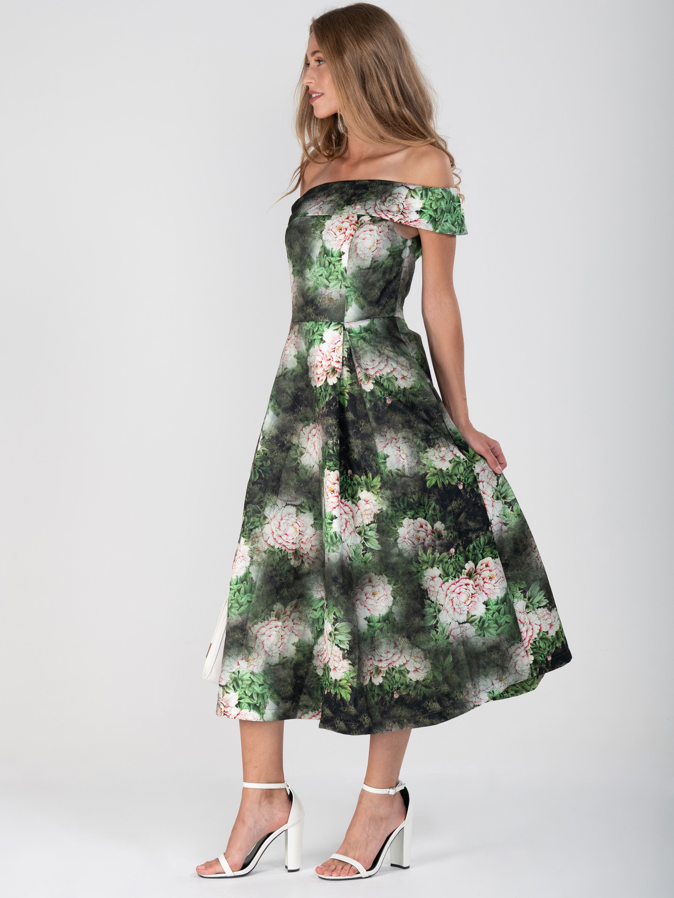 Floral Print Bardot Neck Midi Dress