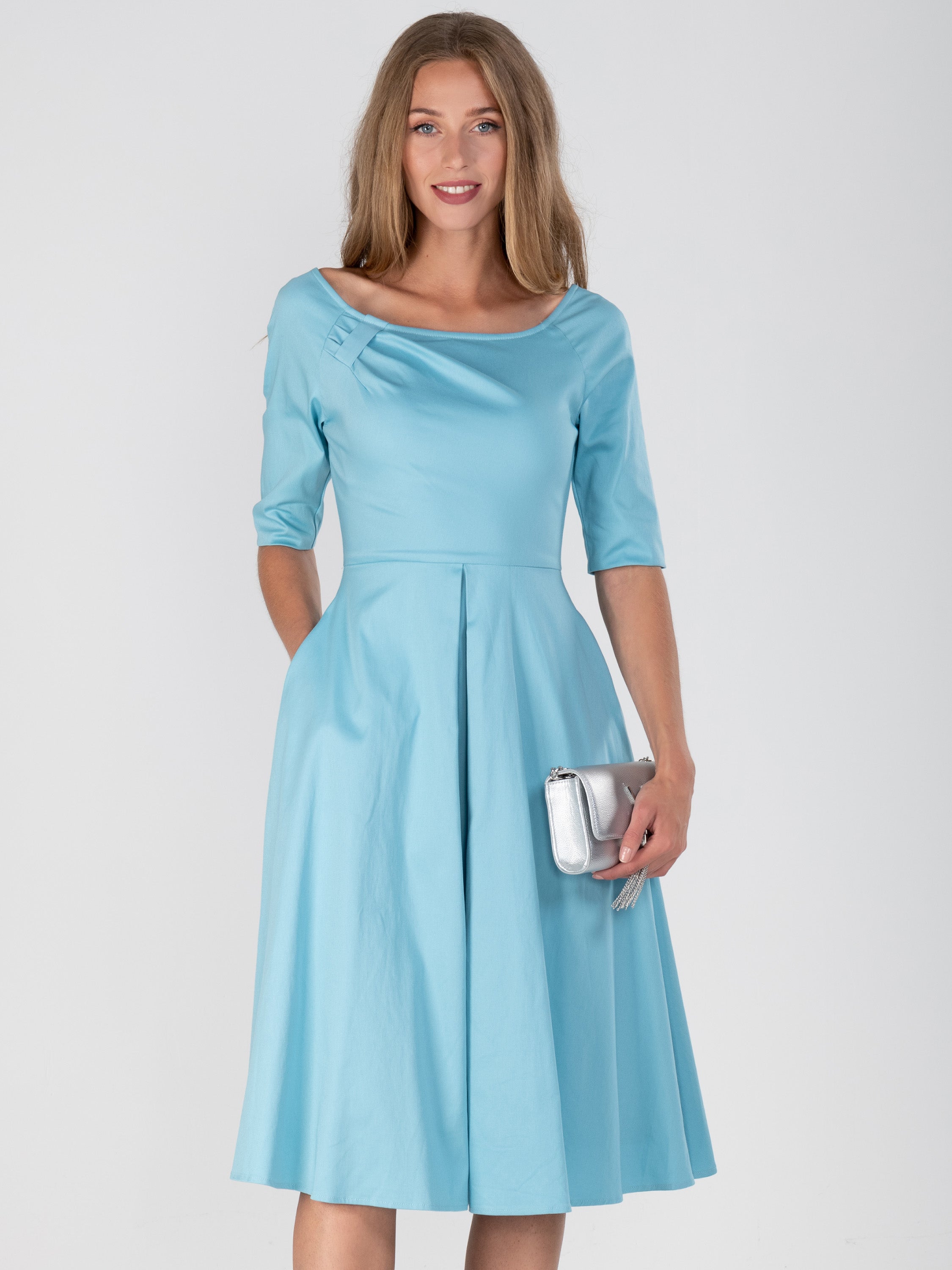 Scoop Neck Swing Cotton Dress, Duck Egg Blue