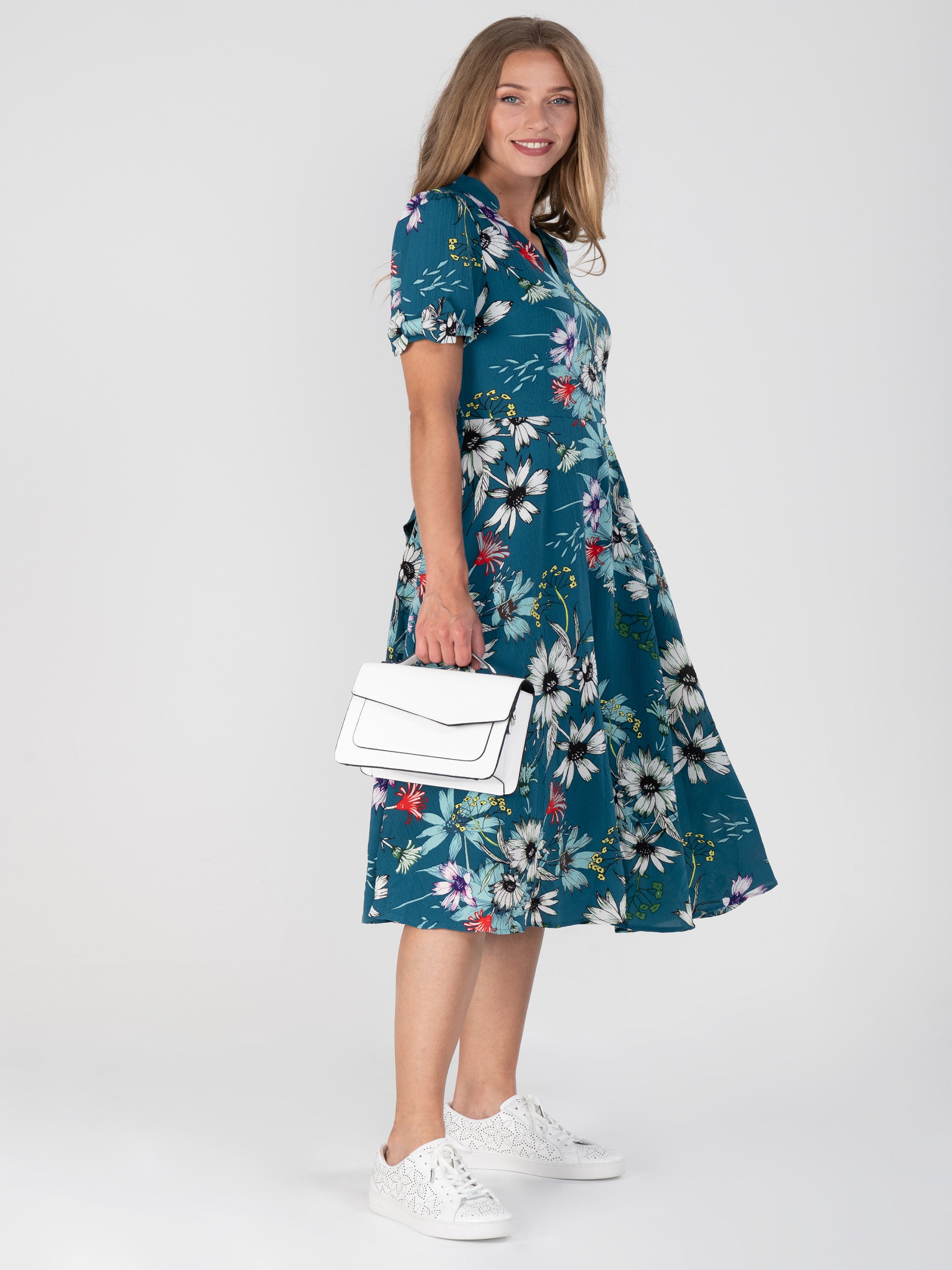 Floral Print Bow Detail Tea Dress, Teal Floral