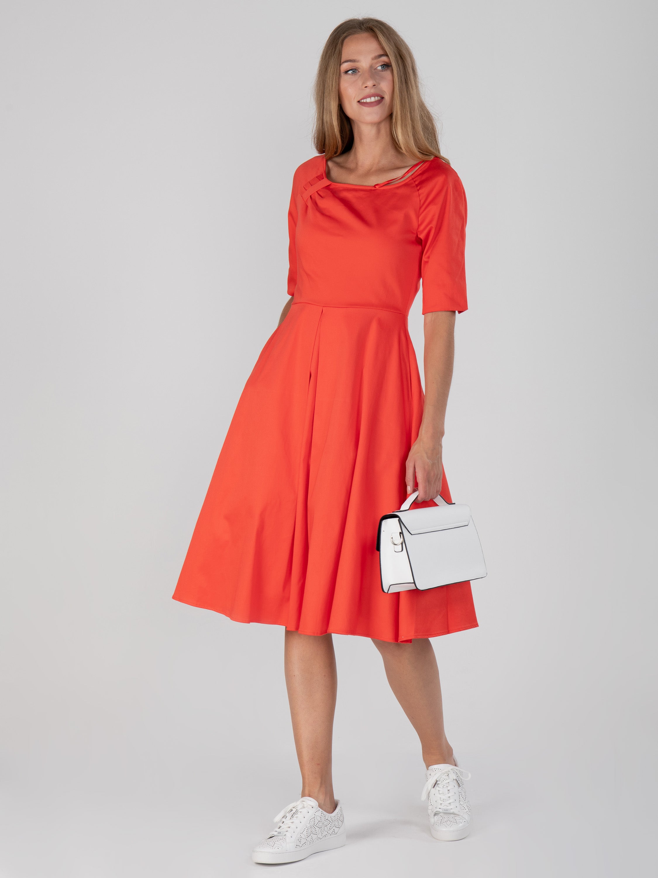 Scoop Neck Half Sleeved Retro Swing Dress, Red