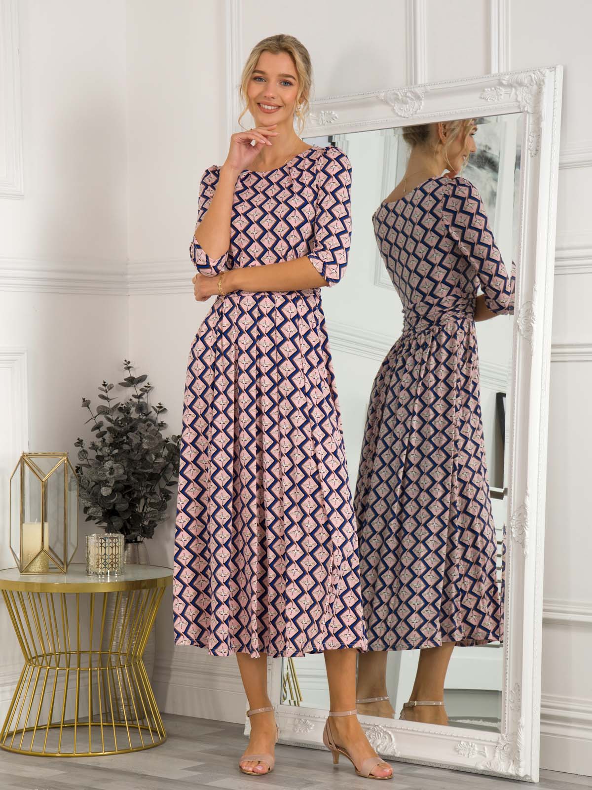 Jolie Moi Sienna 3/4 Sleeved Maxi Dress, Pink Birds