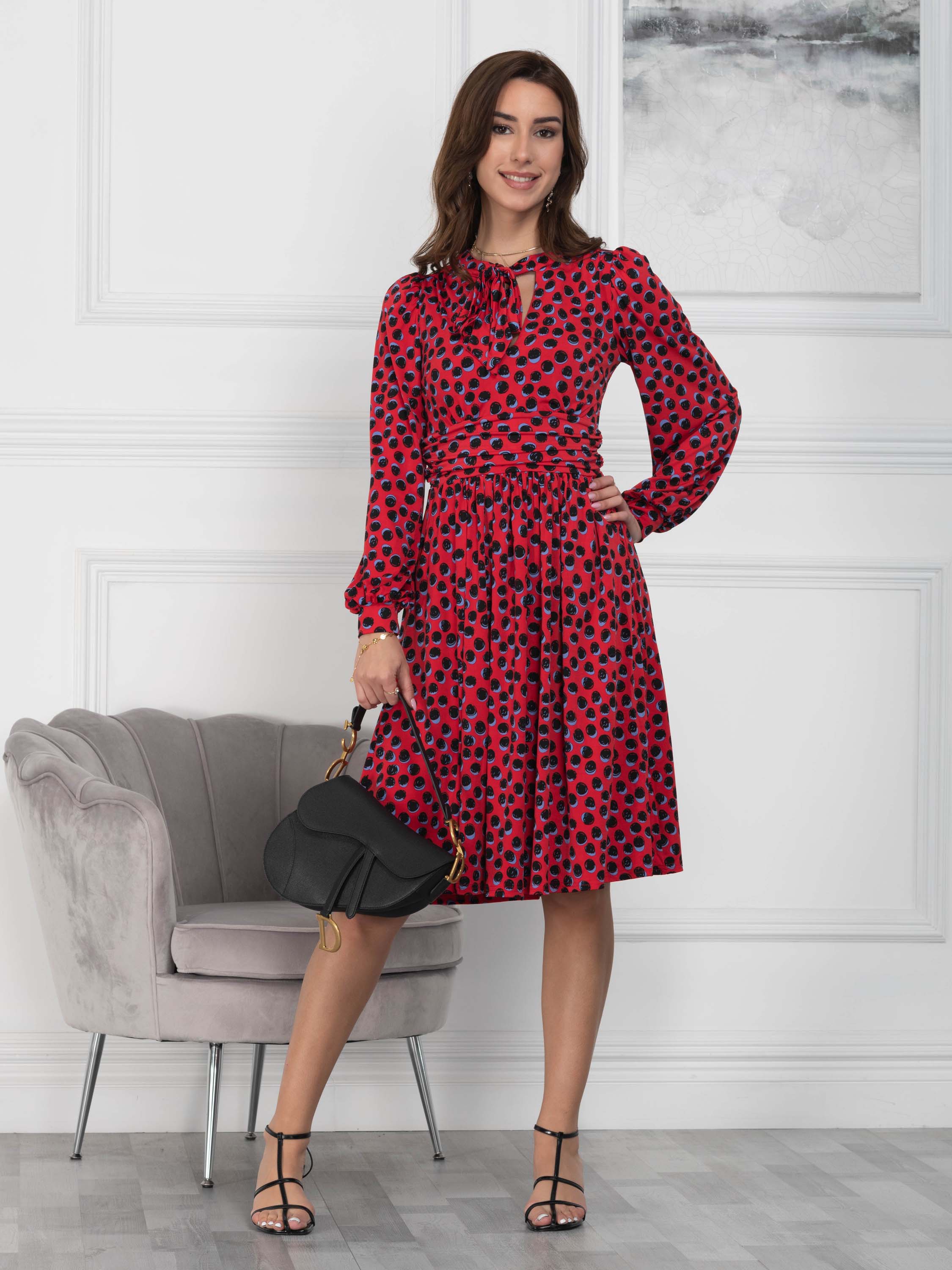 Allyn Bow Neck Long Sleeve Dress, Red Spot