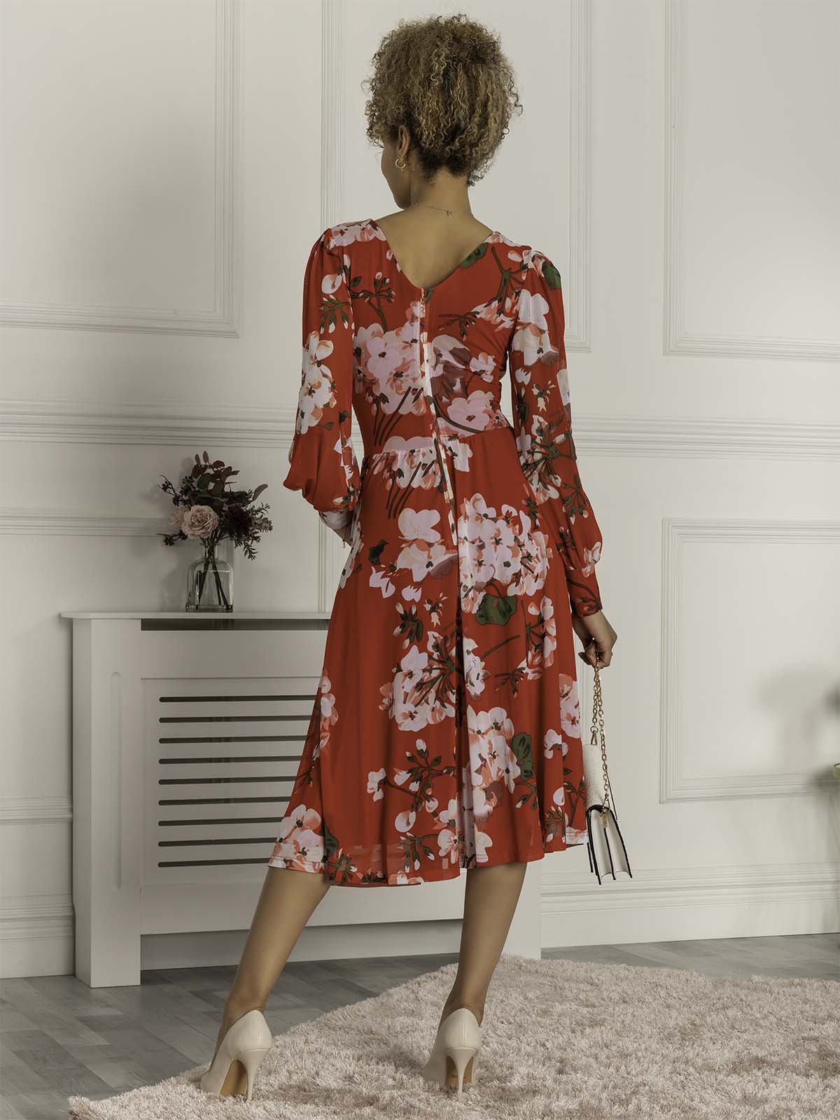 Jolie Moi Gianna Long Sleeve Mesh Midi Dress, Red Floral