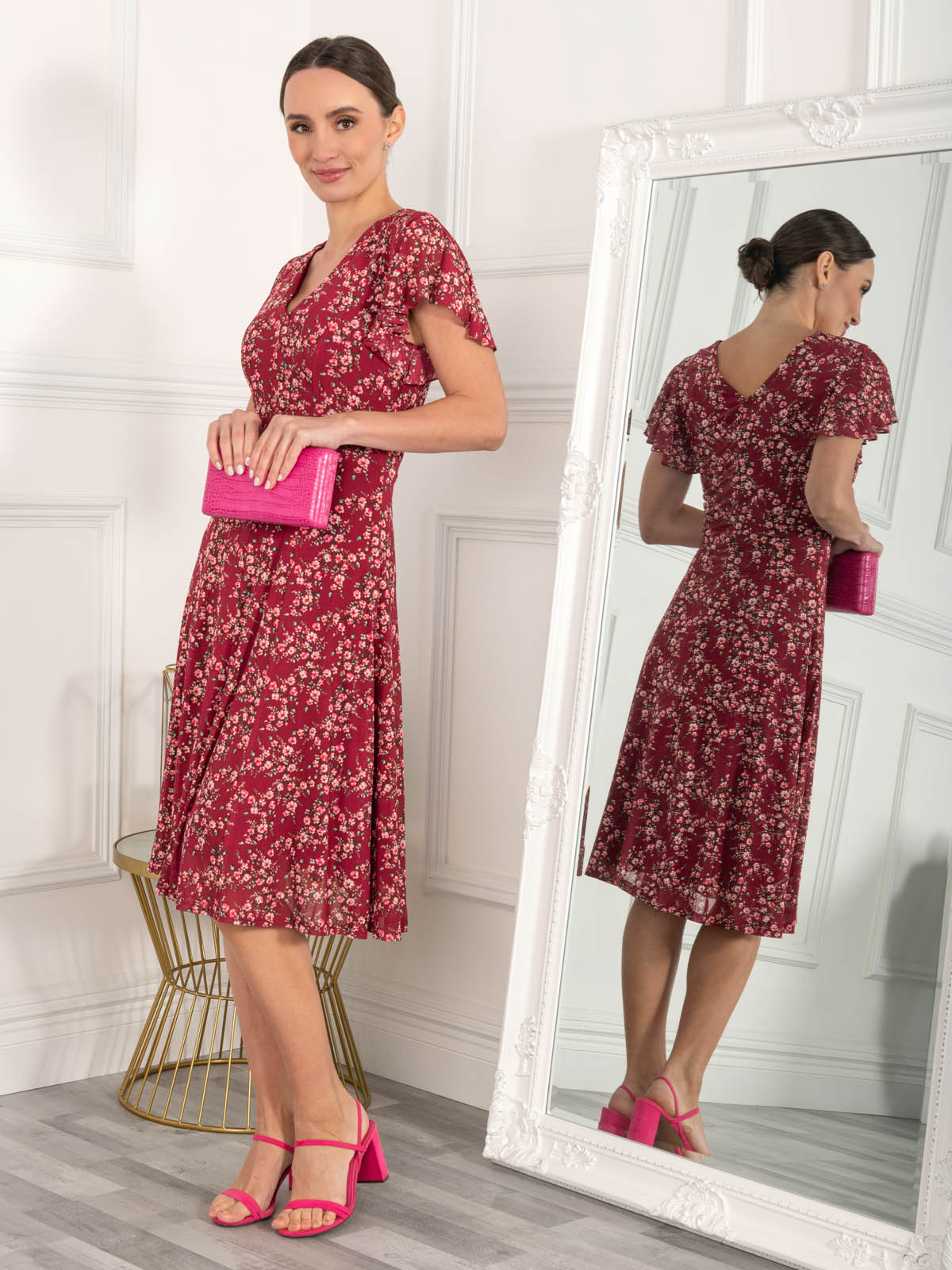 Jolie Moi Grace Mesh Midi Dress, Wine Floral