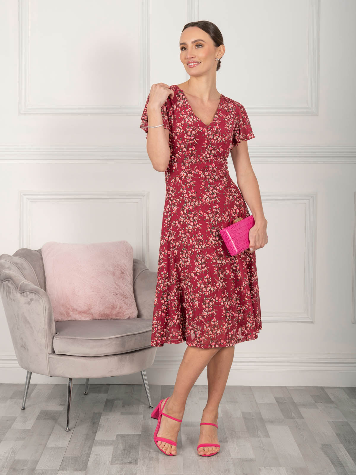 Jolie Moi Grace Mesh Midi Dress, Wine Floral