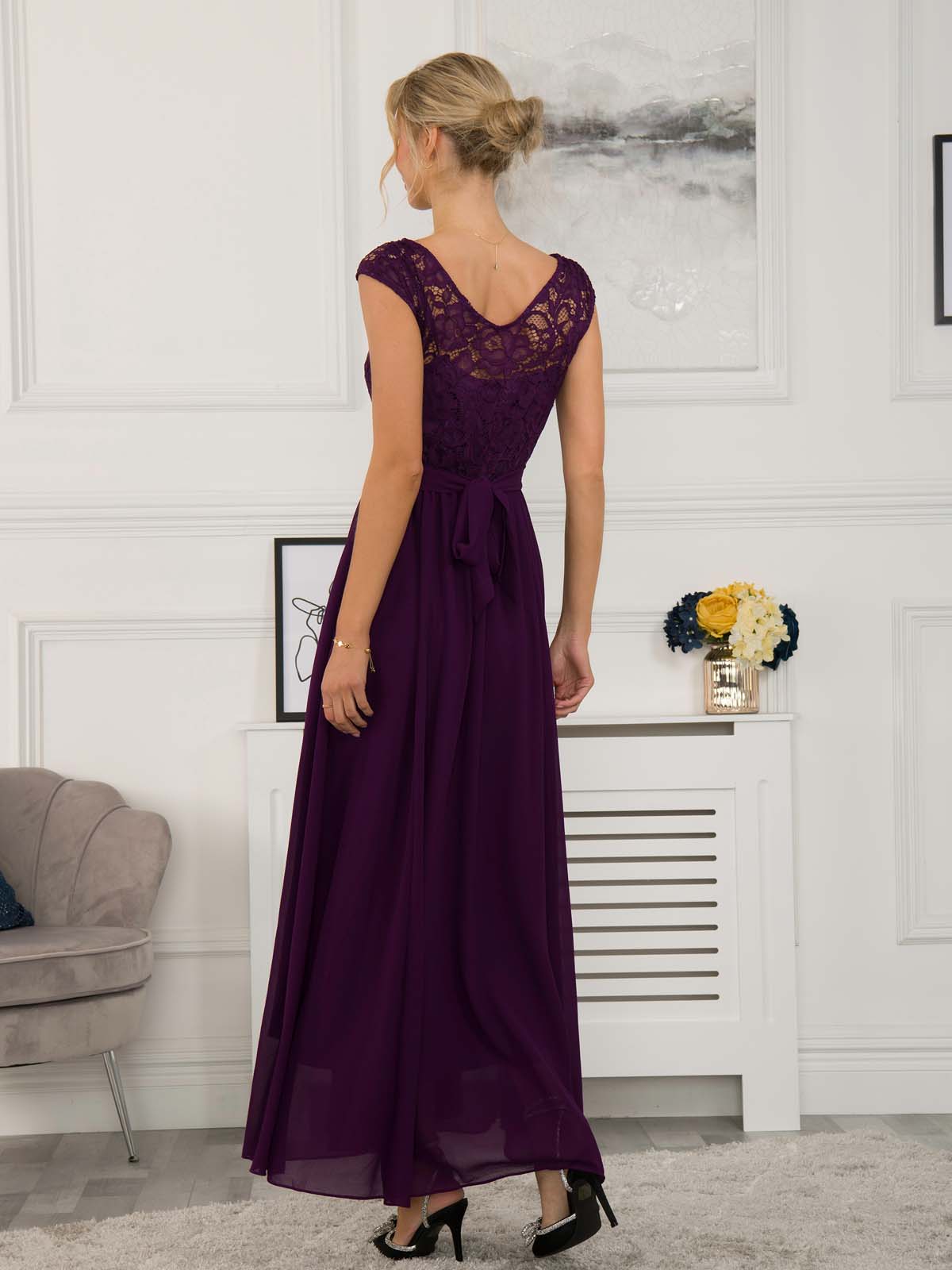 Lace Bodice Chiffon Maxi Bridesmaid Dress, Dark Purple