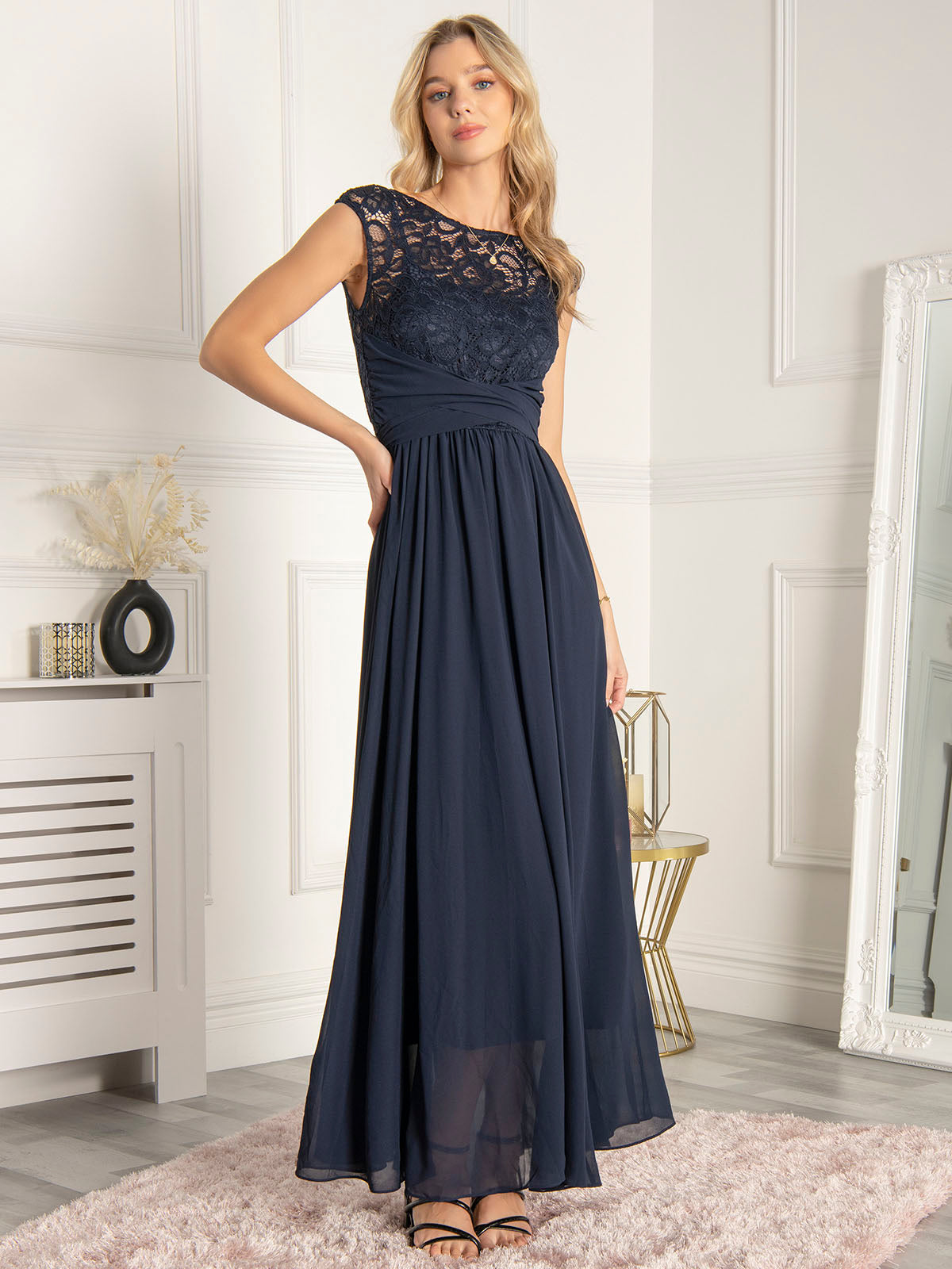 Lace Bodice Chiffon Maxi Bridesmaid Dress, Navy