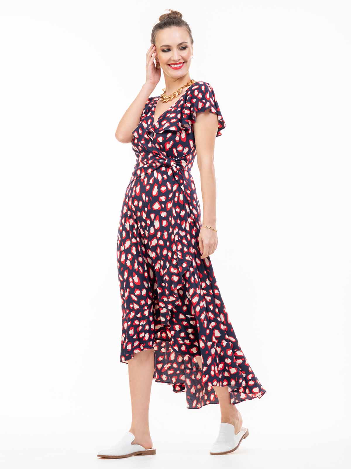 Frilly Midi Dress, Navy Animal