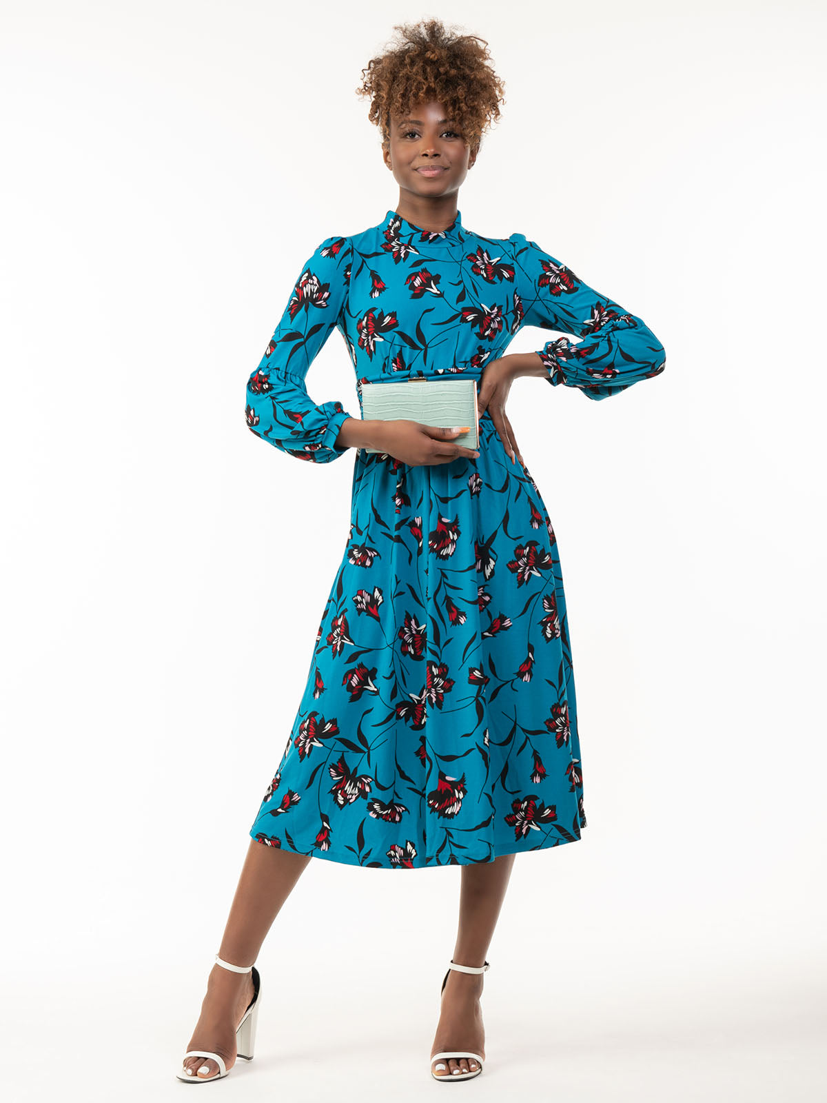 Polo Neck Long Sleeve Midi Dress, Teal Floral