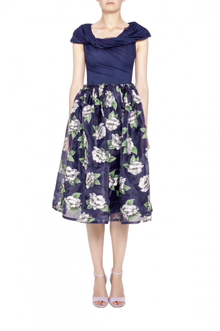 Contrast Midi Prom Dress, Blue Floral