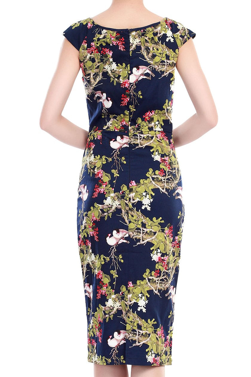 Floral Print wiggle Dress, Navy Birds