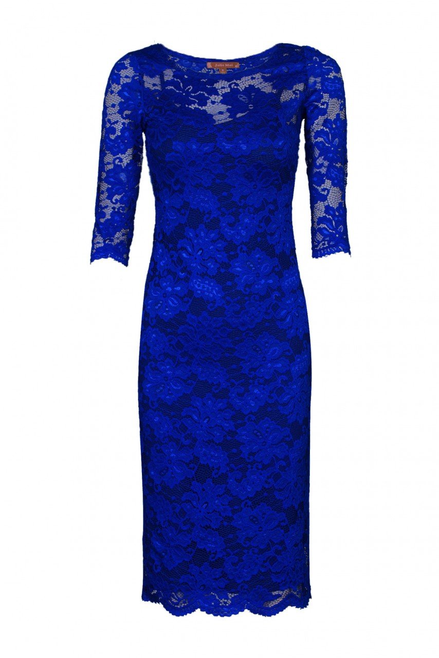 Jolie Moi Two In One Scallop Floral Lace Dress, Royal Blue