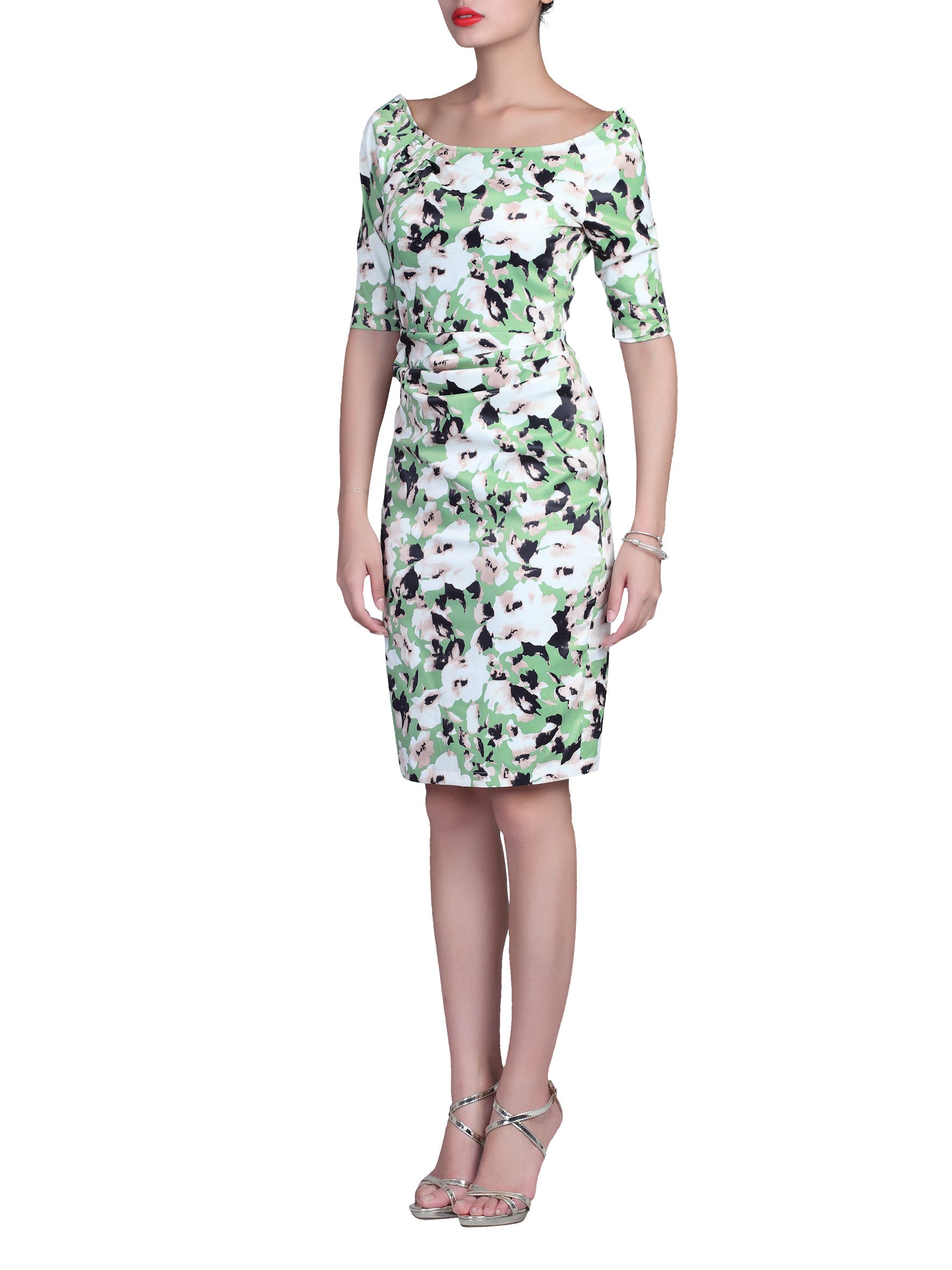 Floral Print Half Sleeve Dress, Green Floral