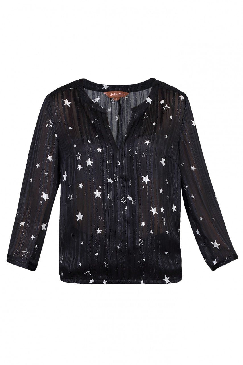 Star Print Pleated V-Neck Blouse, Black