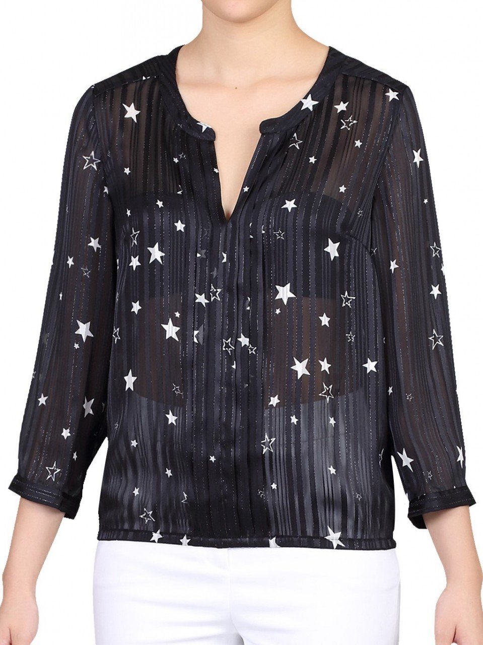 Star Print Pleated V-Neck Blouse, Black