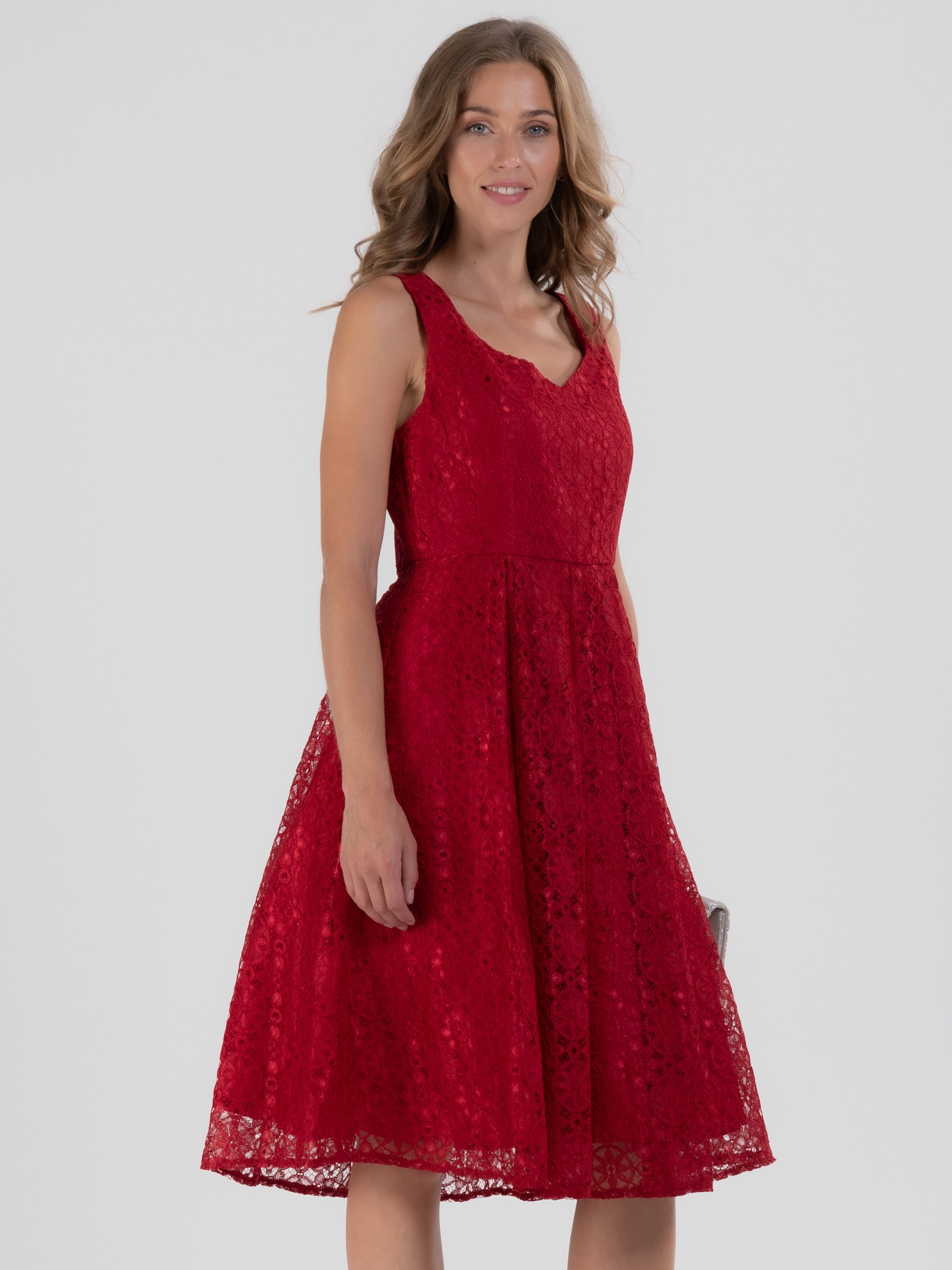 Sweetheart Pleated Lace Dress, Dark Red