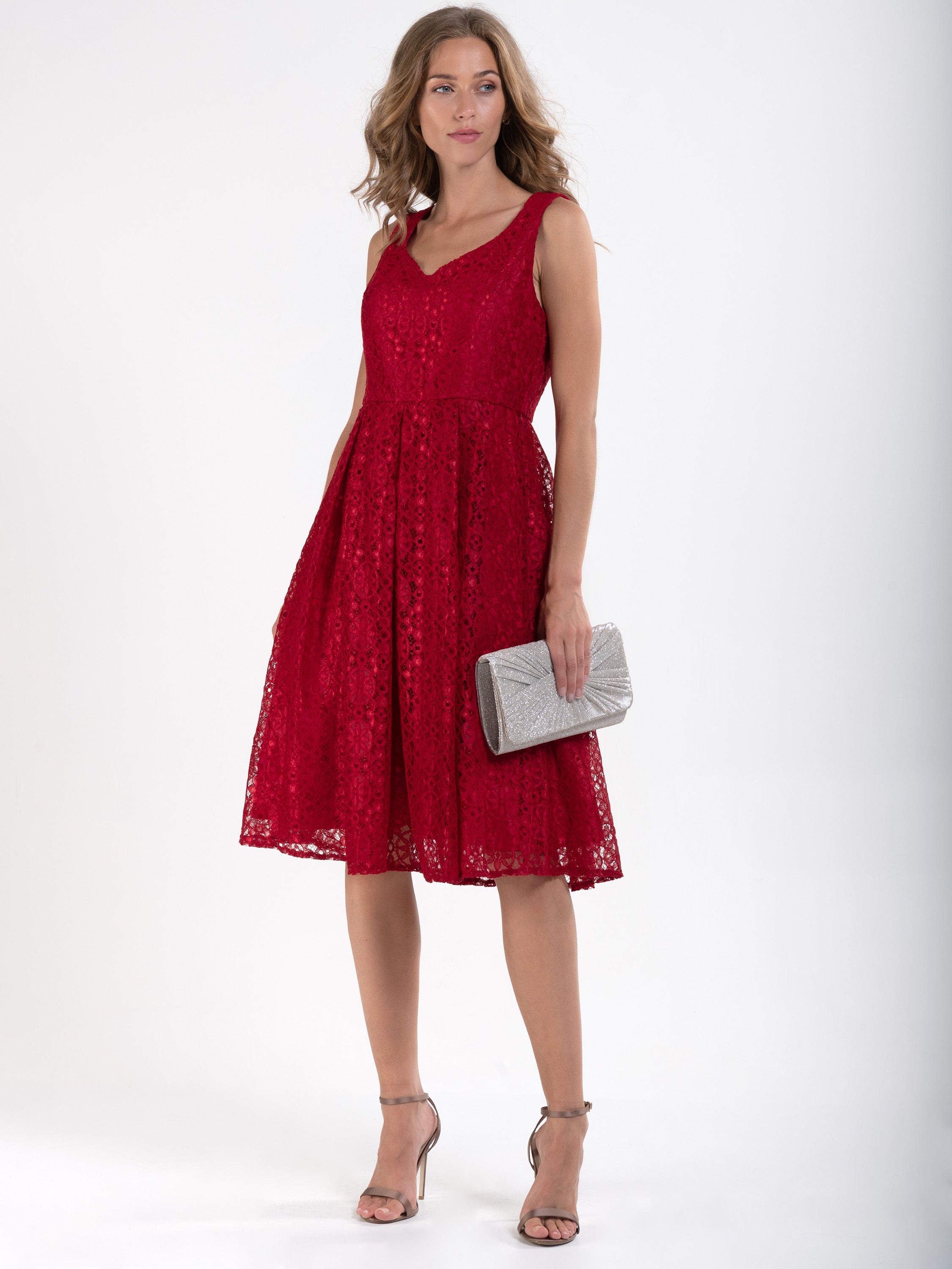 Sweetheart Pleated Lace Dress, Dark Red