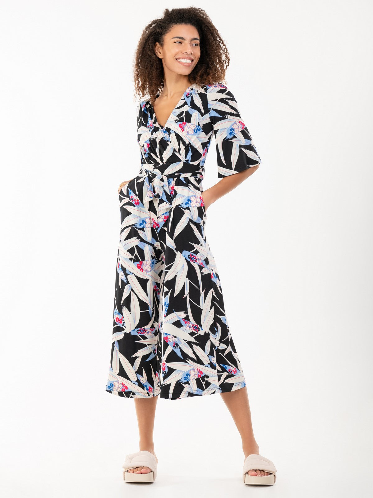 Jolie Moi Cara Leaf Print Wrap Jumpsuit, Black Leafy