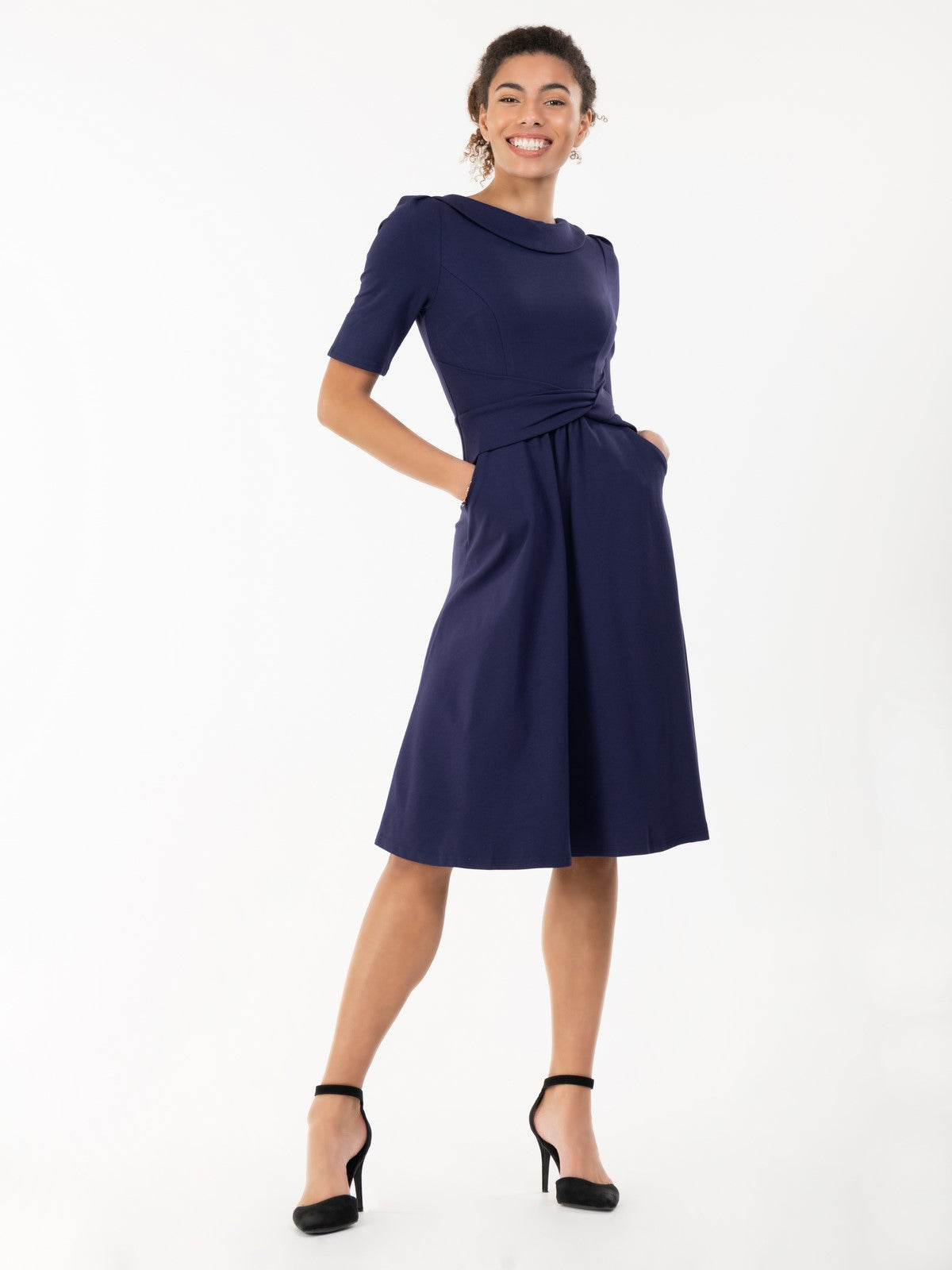 Jolie Moi Fold Over Fit and Flare Midi Dress, Navy