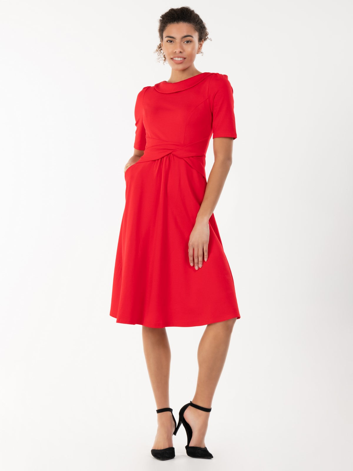 Jolie Moi Fold Over Fit and Flare Midi Dress, Red