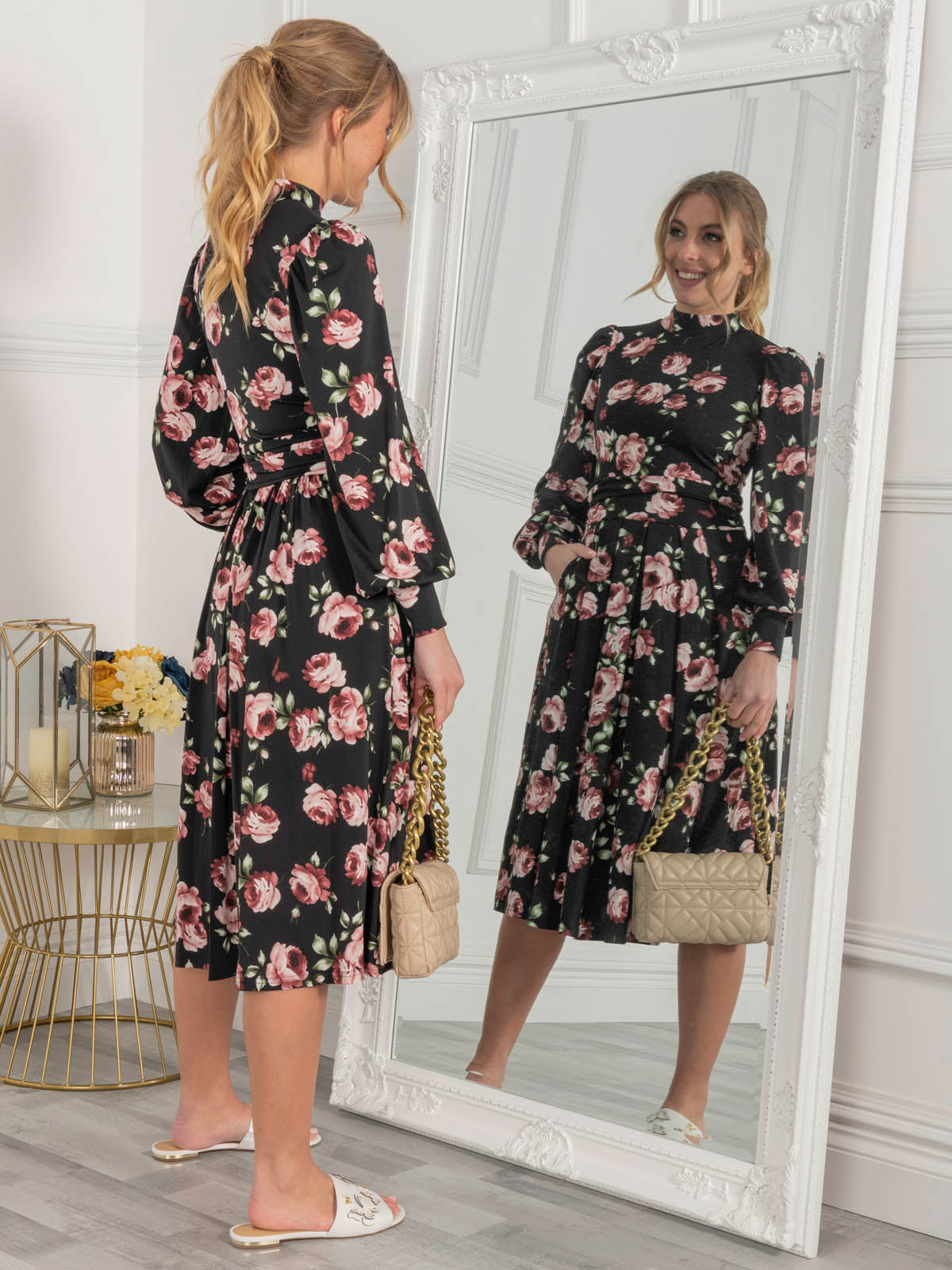 Jolie Moi Kathryn Long Sleeve Midi Dress, Black Floral