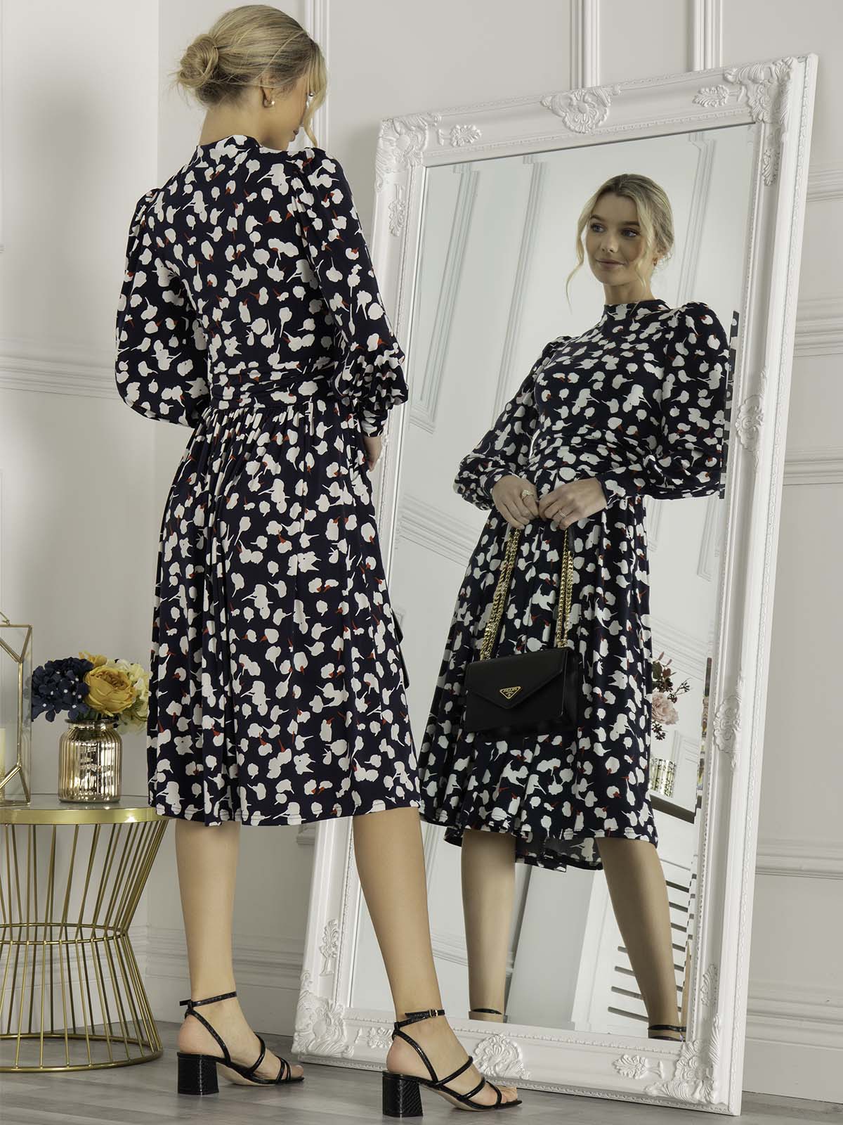 Jolie Moi Kathryn Long Sleeve Midi Dress, Navy White Floral