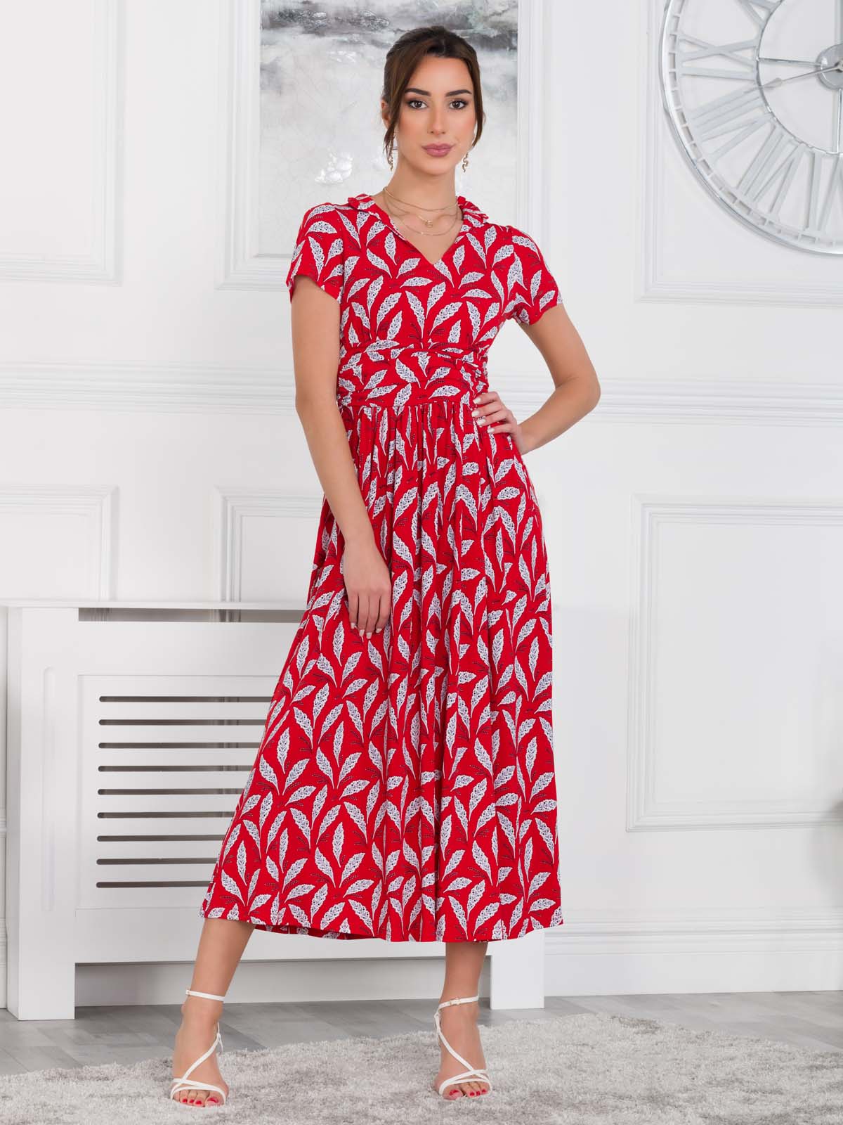 Marbouka Stand Collar Maxi Dress, Red Leafy