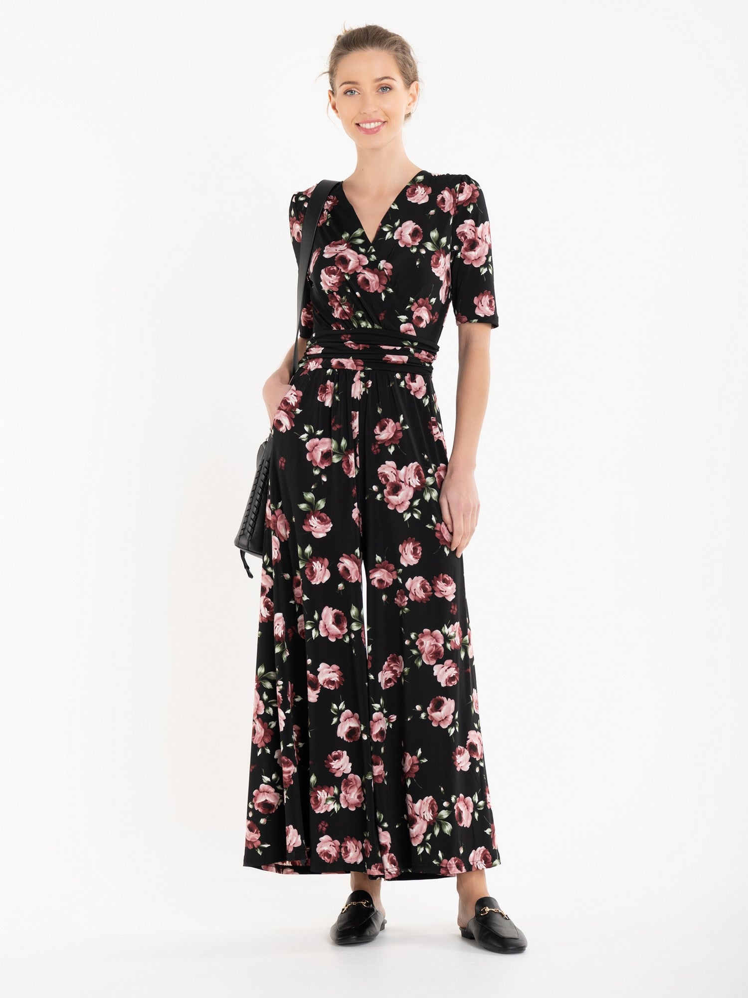 Bailee Wrap Jersey Jumpsuit, Black Floral