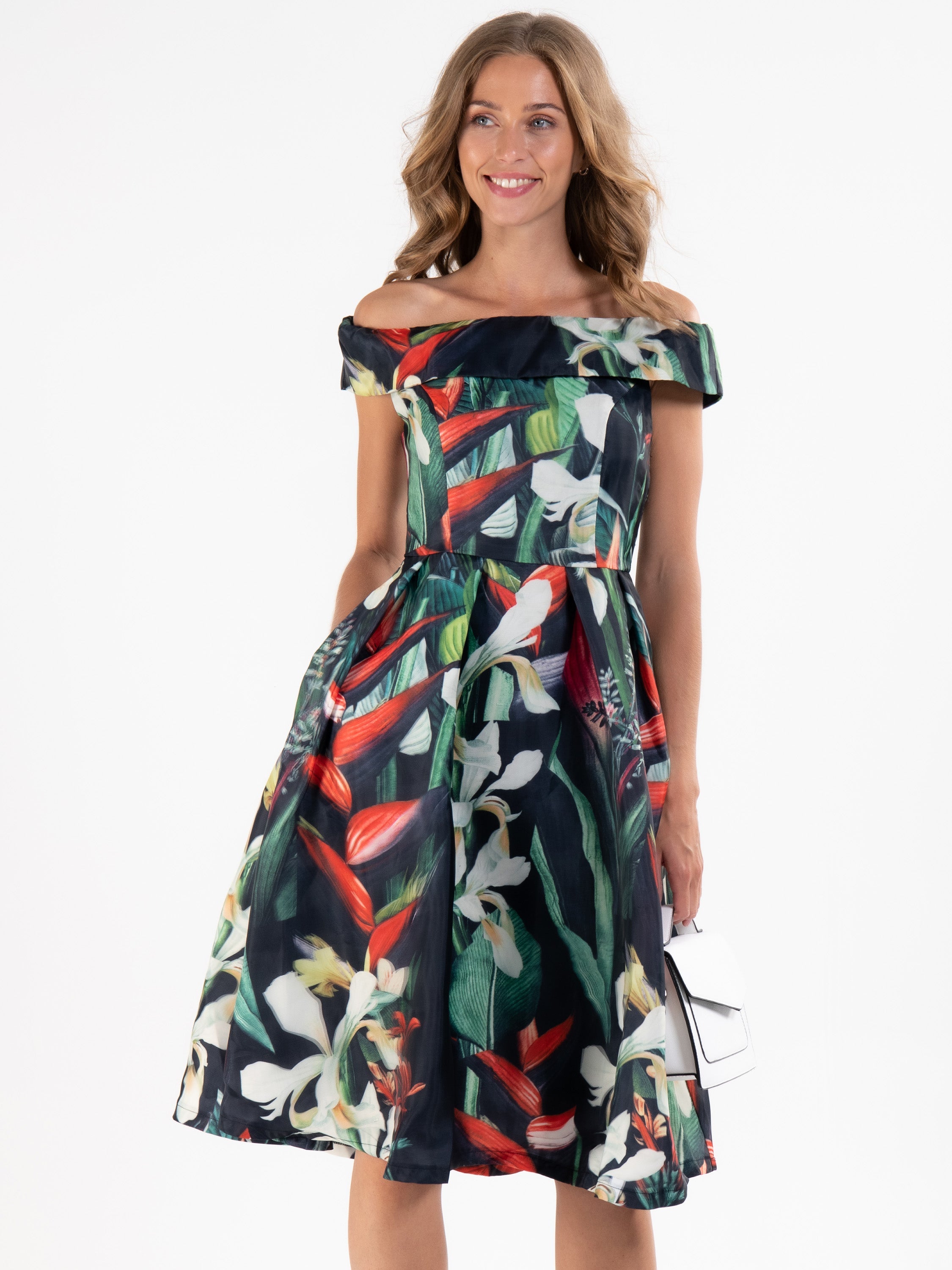 Bardot Neck Prom Midi Dress Black Floral