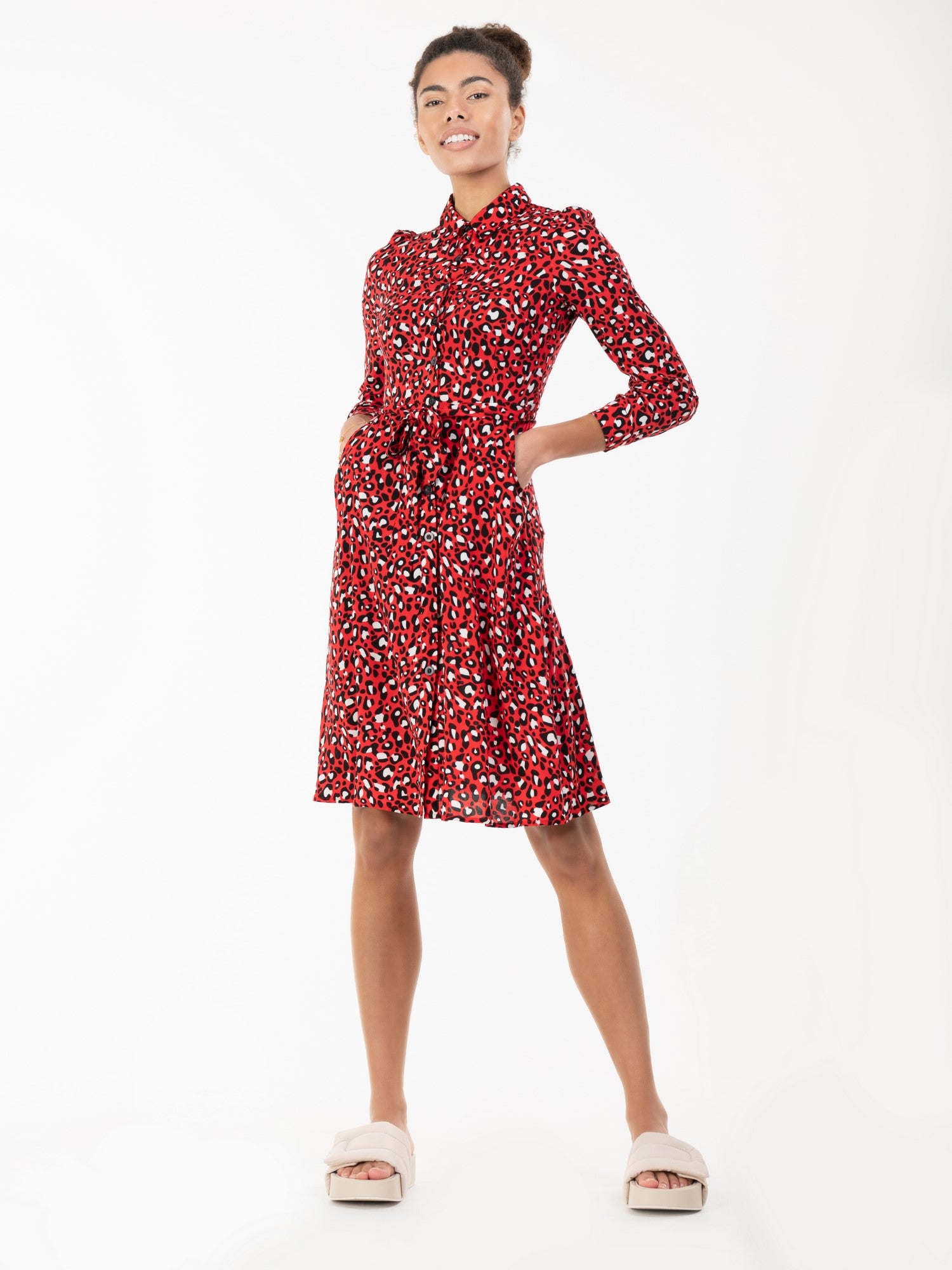 Susan Fit & Flare Shirt Dress , Red Animal