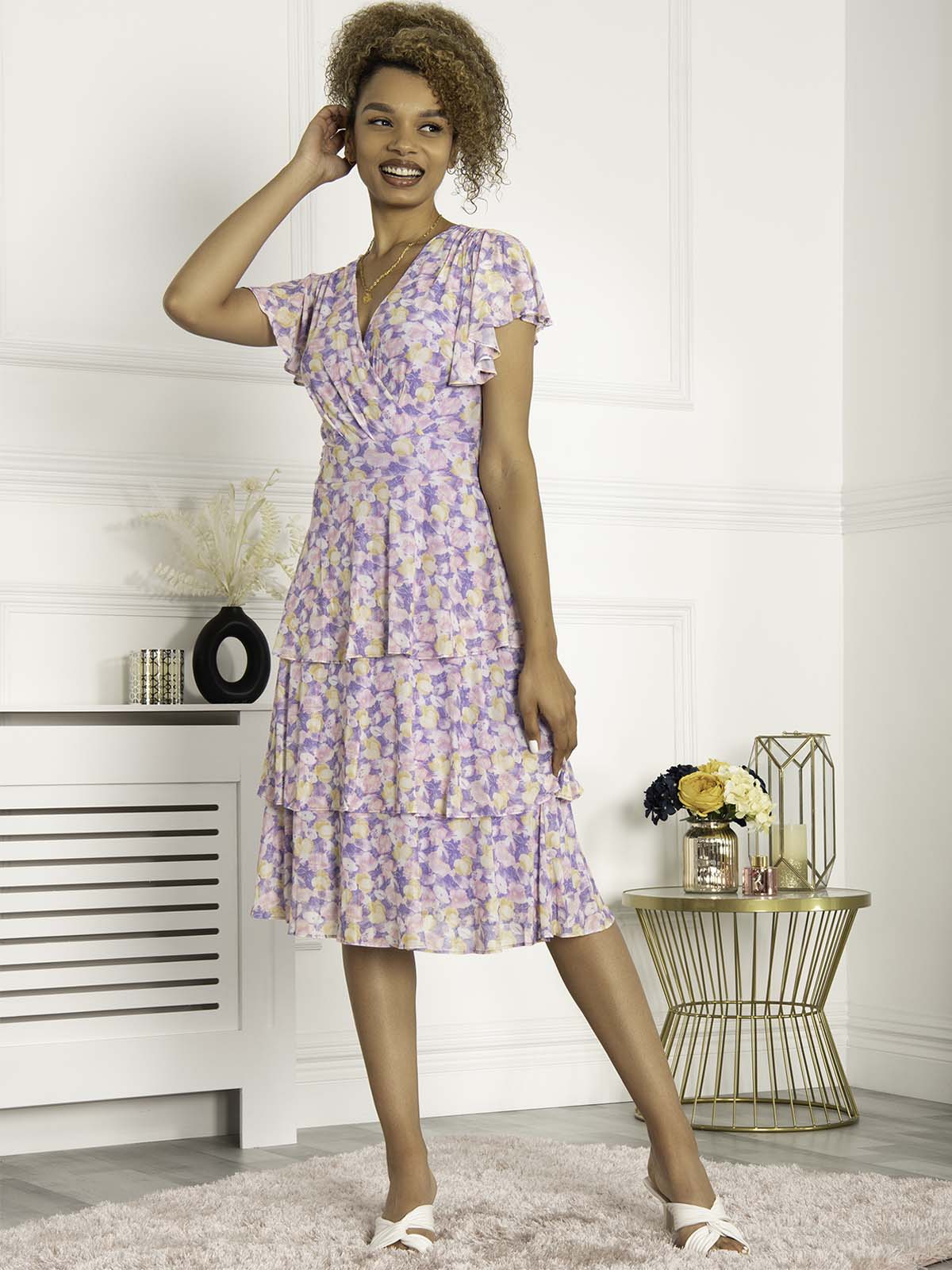 Jolie Moi Gabielle Tiered Midi Dress, Purple Floral