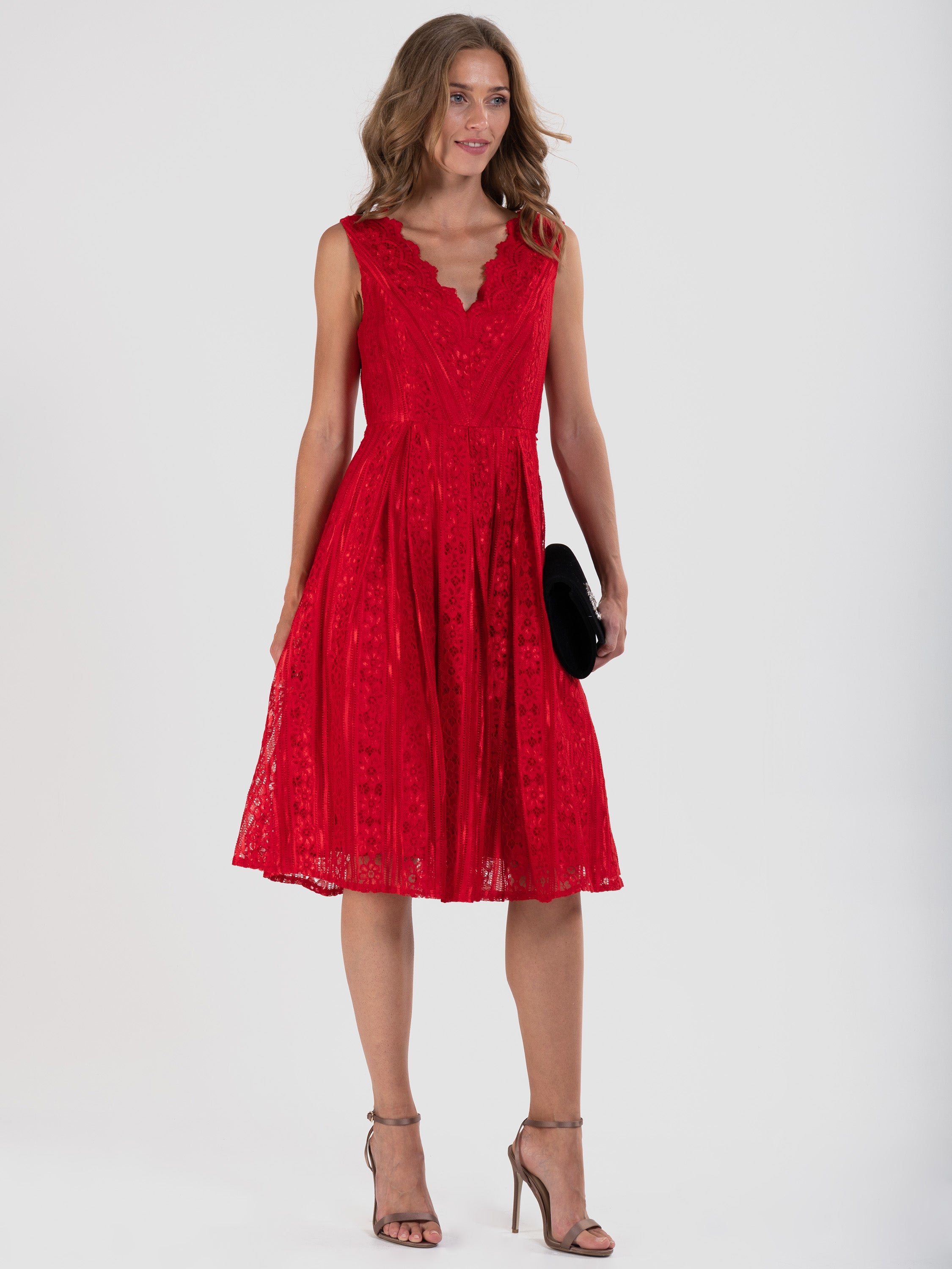 Scalloped V Neck Lace Dress, Red