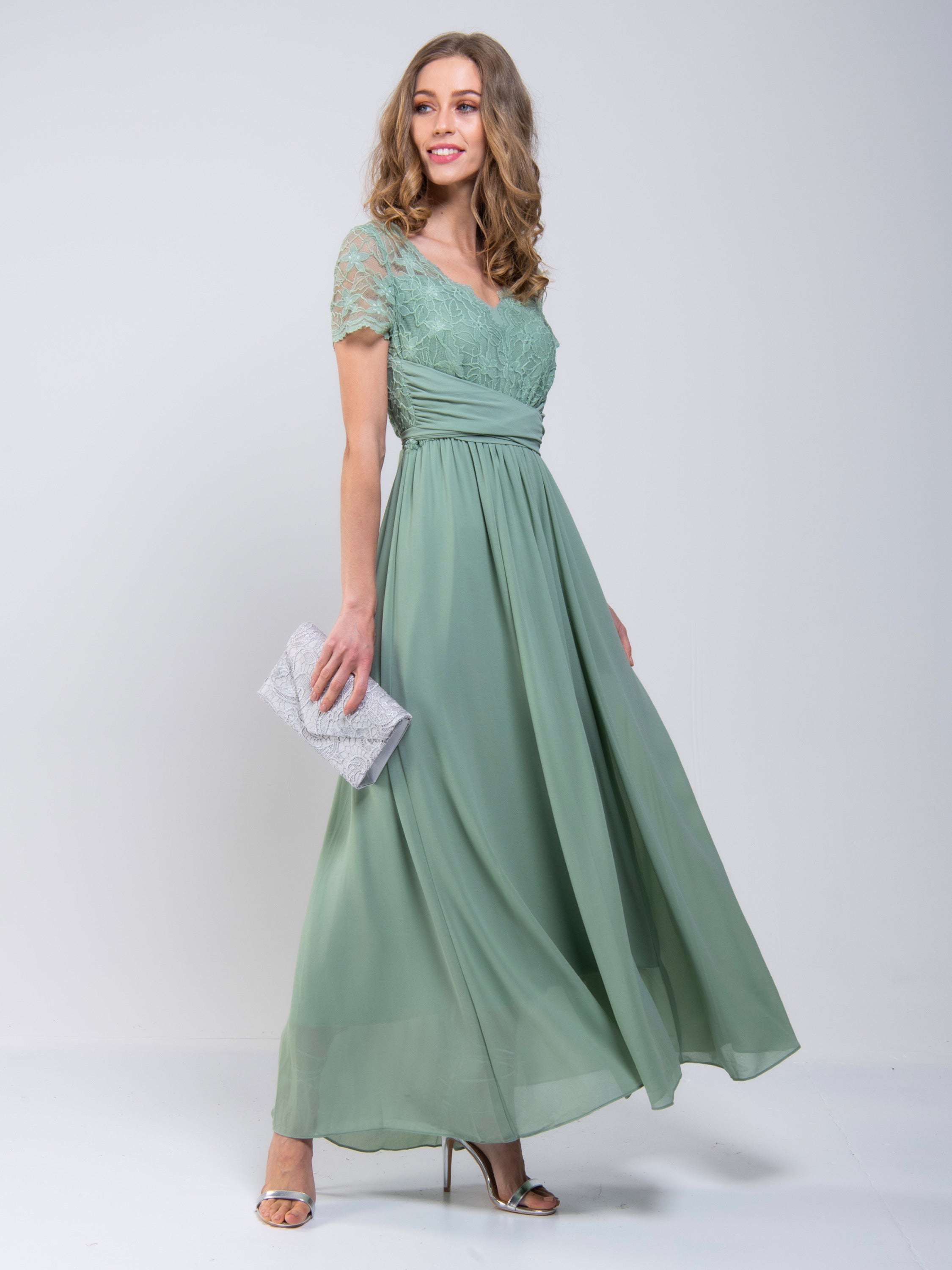 Short Sleeve Lace Maxi Chiffon Dress, Sage