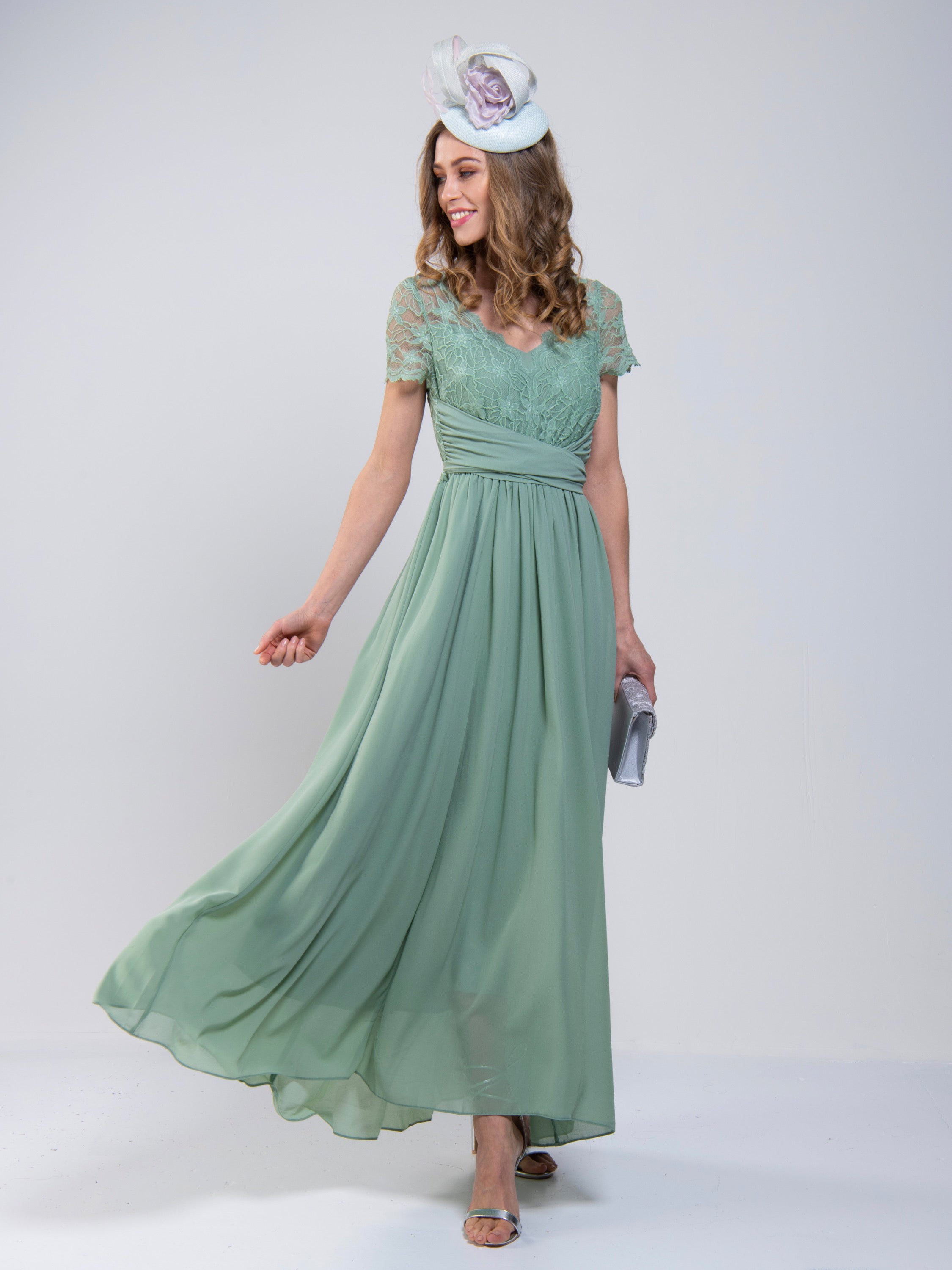 Short Sleeve Lace Maxi Chiffon Dress, Sage