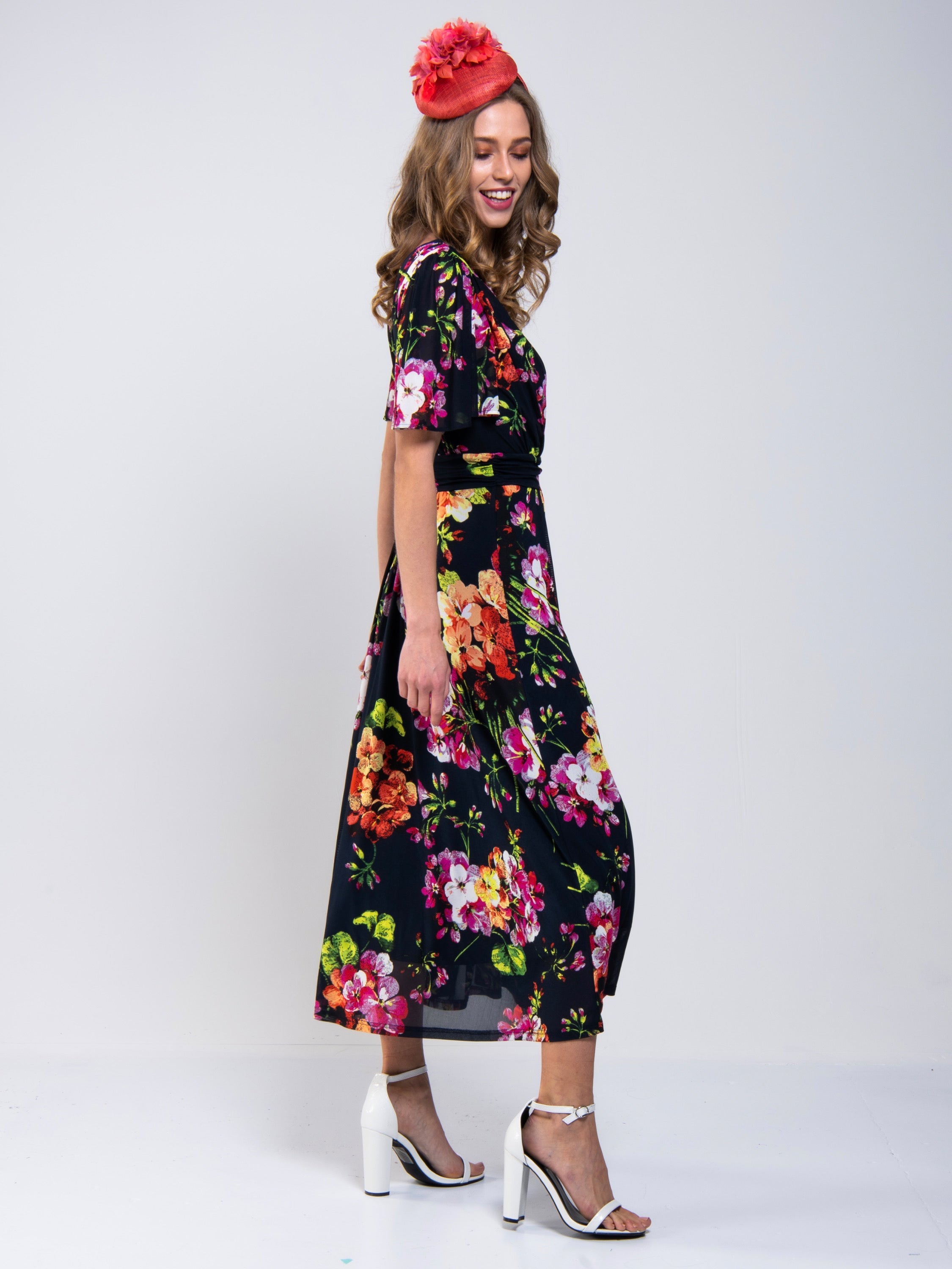 Printed Mesh Long Midi Dress, Navy Floral