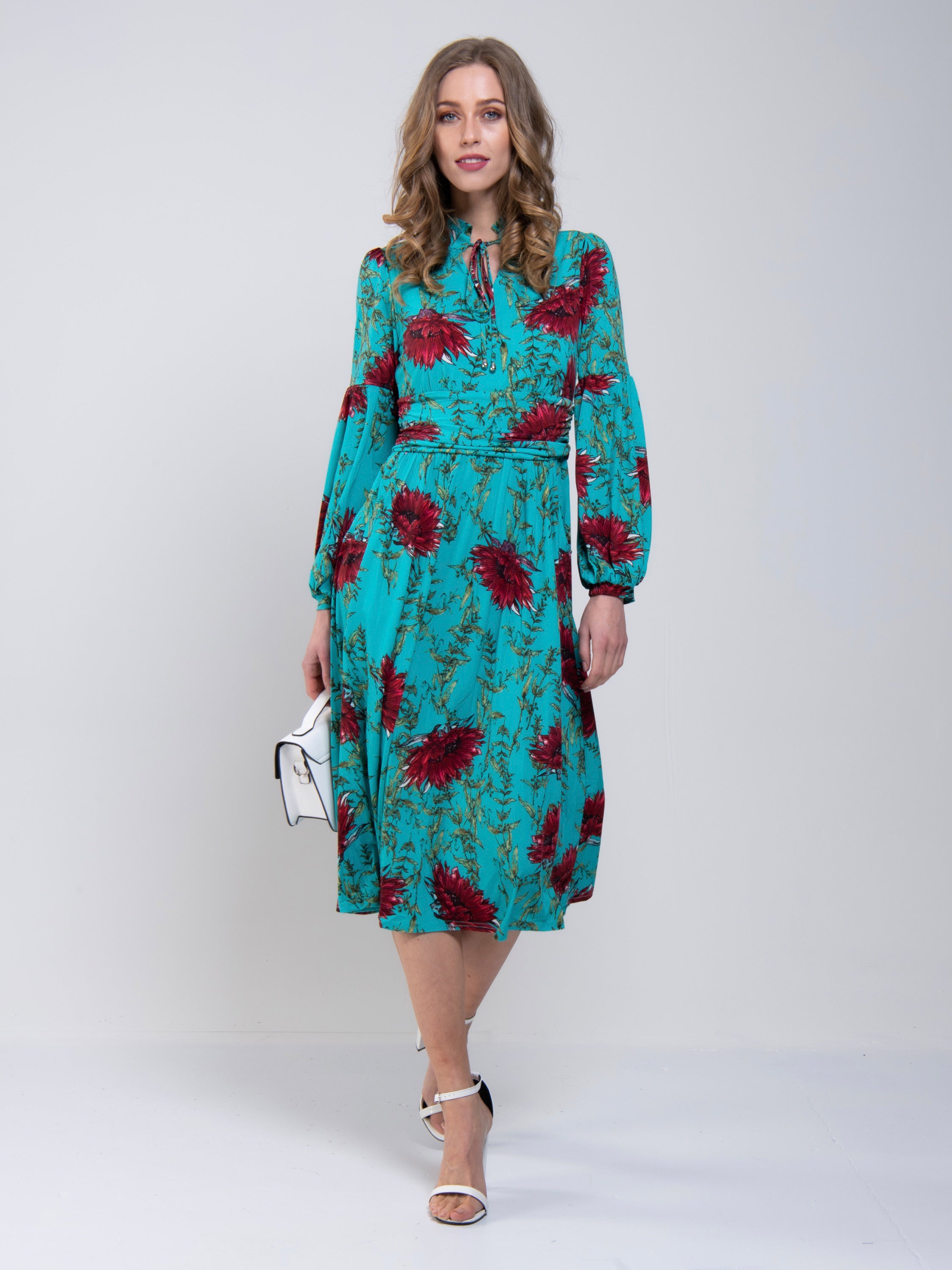 Print Long Sleeve Midi Dress, Teal Floral