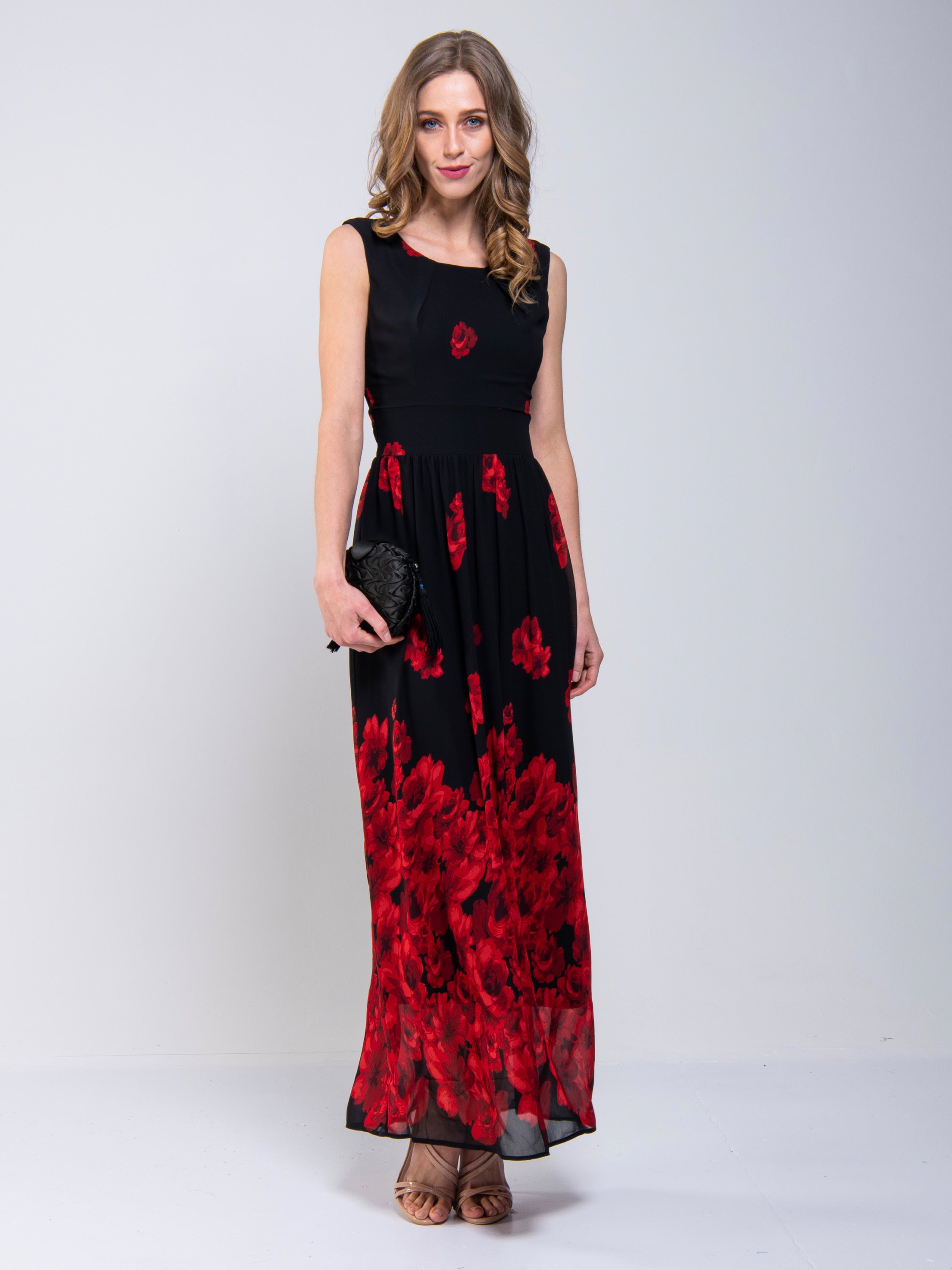 Printed Chiffon Maxi Dress, Black Floral