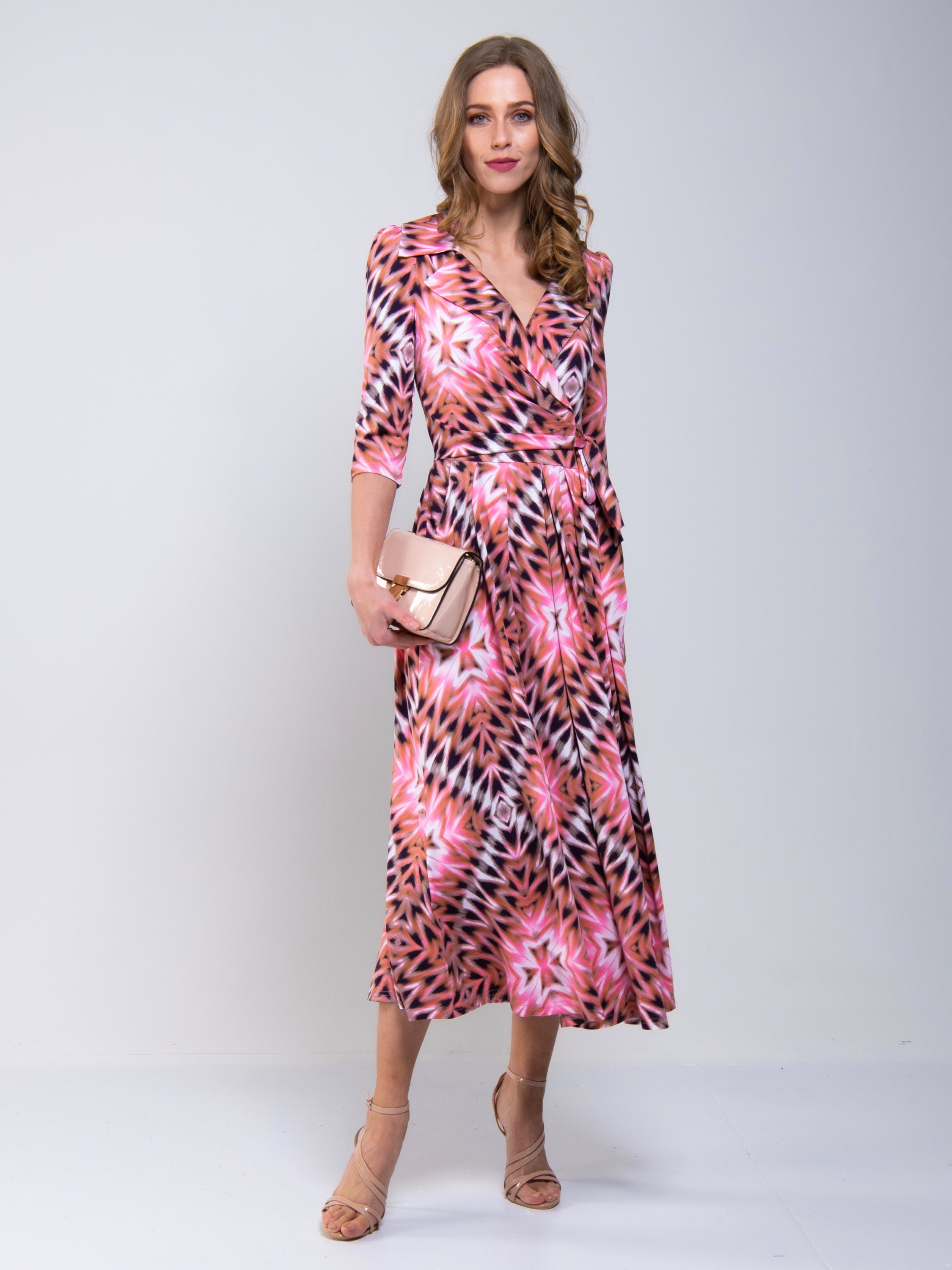 Cross Over Tie Waist Maxi Dress, Pink Multi