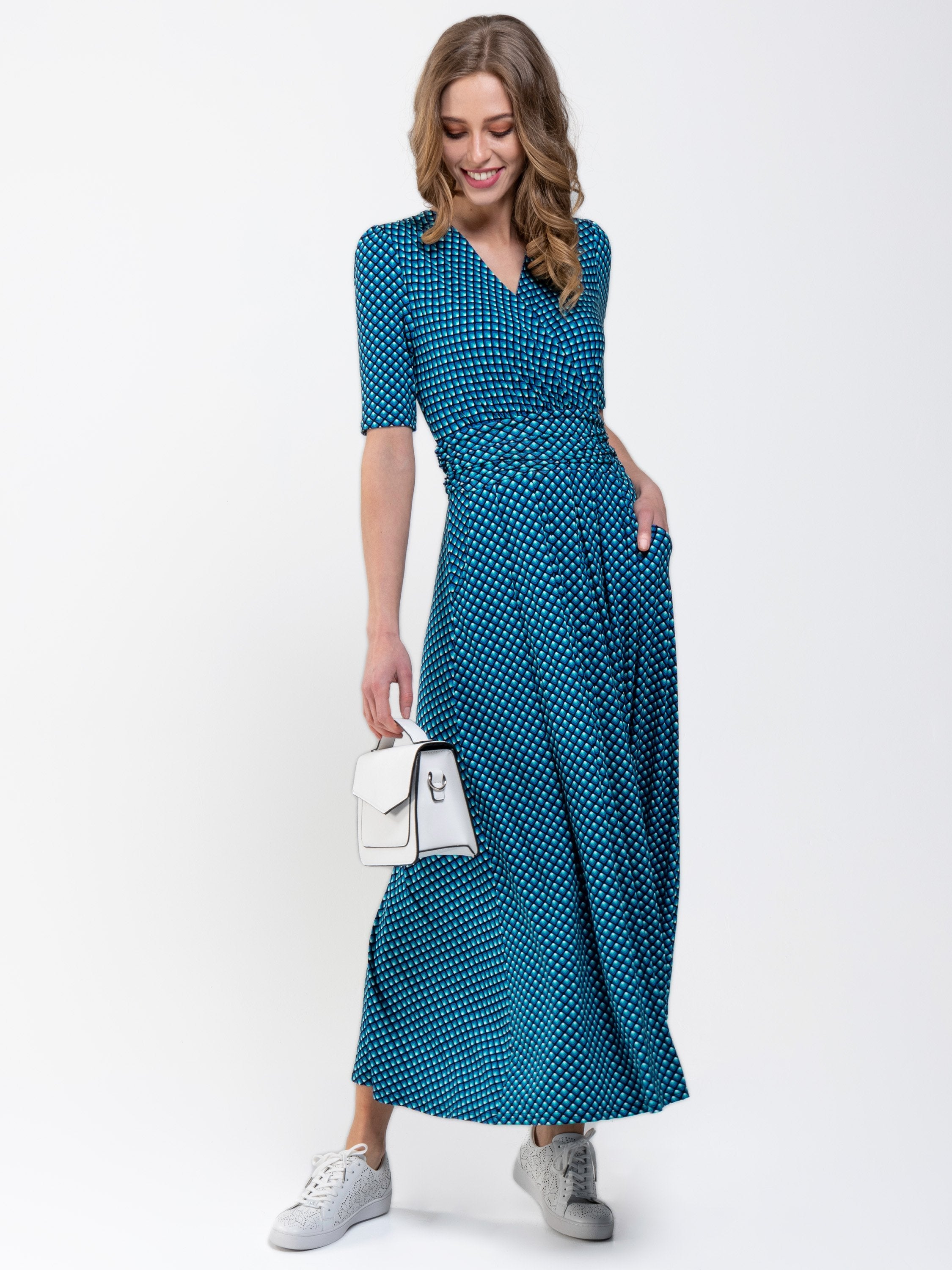 Printed Viscose Crossover Maxi Dress, Blue Geo