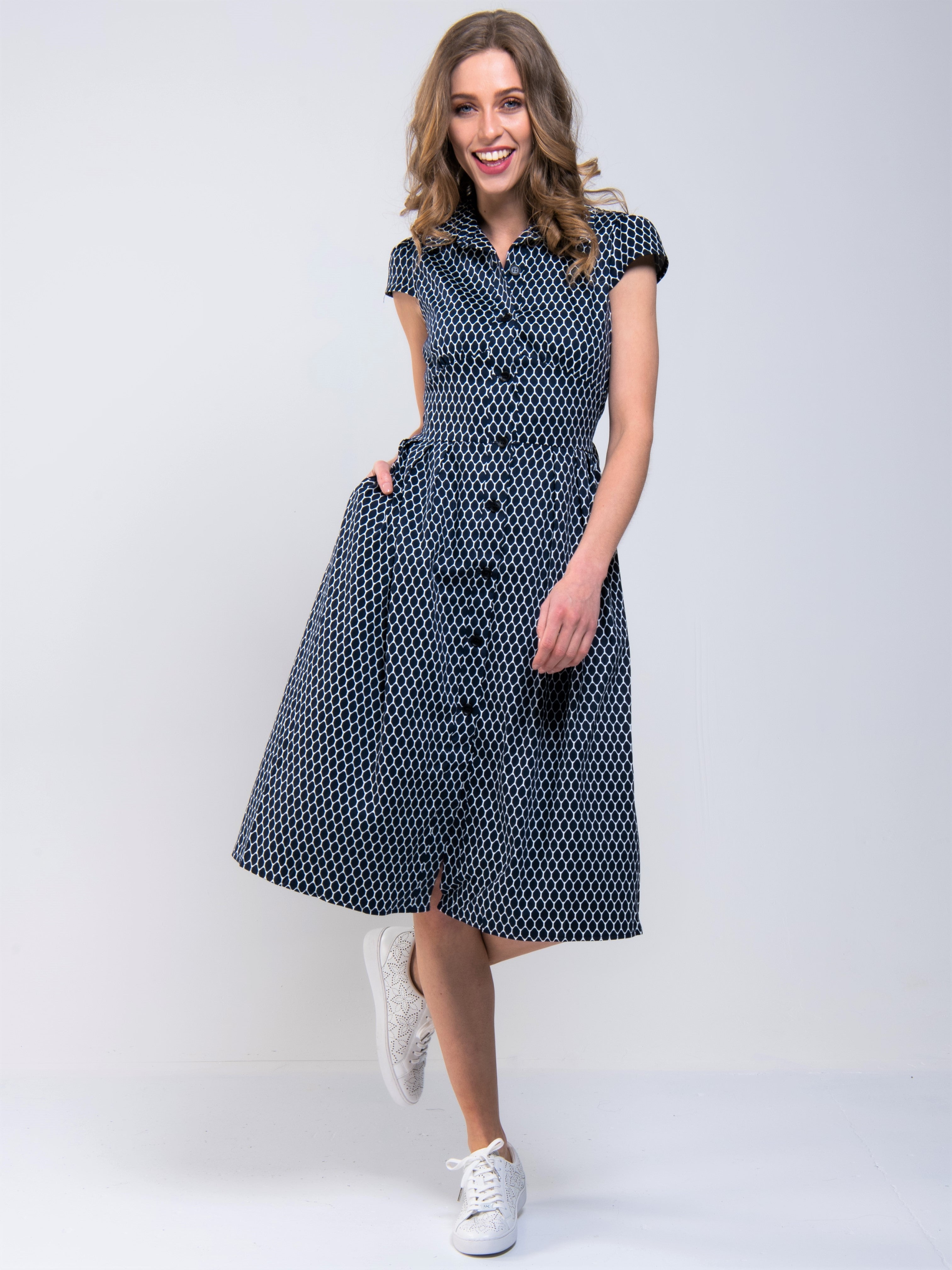 Retro Print Cotton Shirt Dress, Navy Pattern