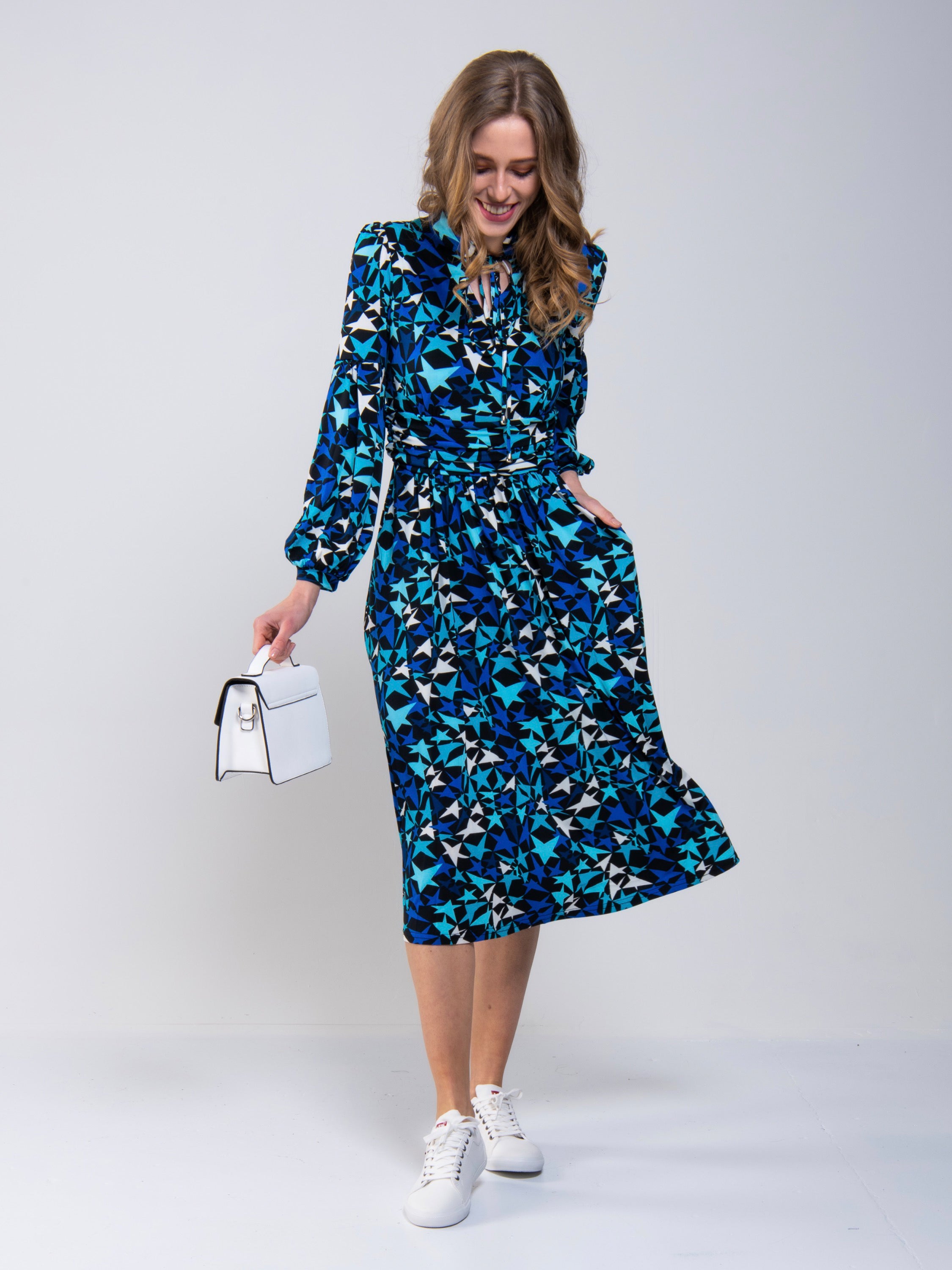 Print Long Sleeve Midi Dress, Navy Star