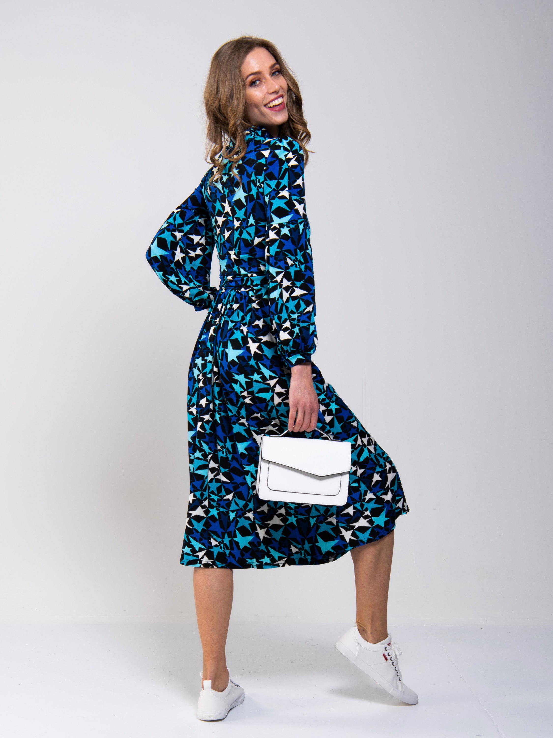 Print Long Sleeve Midi Dress, Navy Star