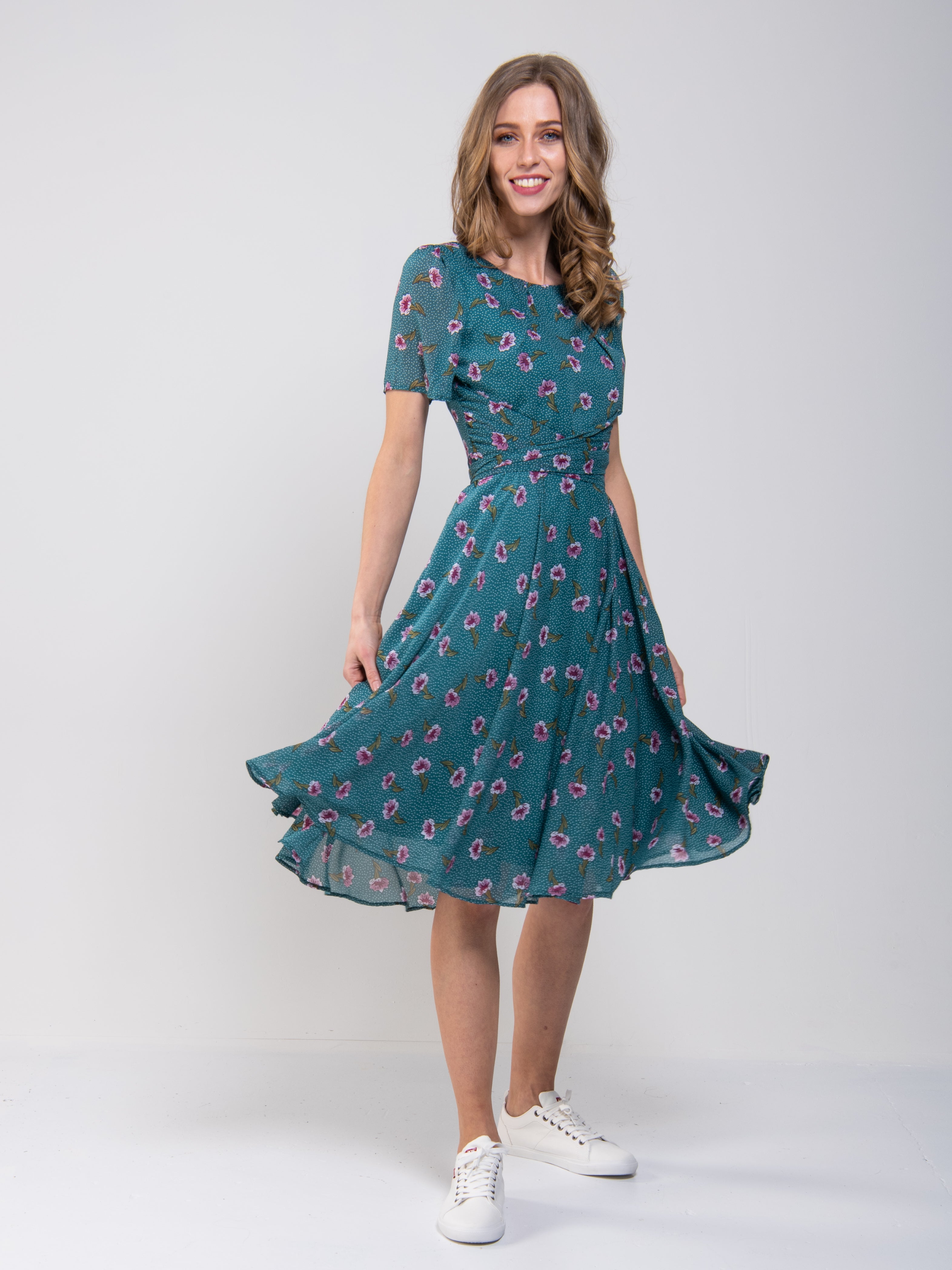 Floral Print Chiffon Tea Dress, Teal Floral