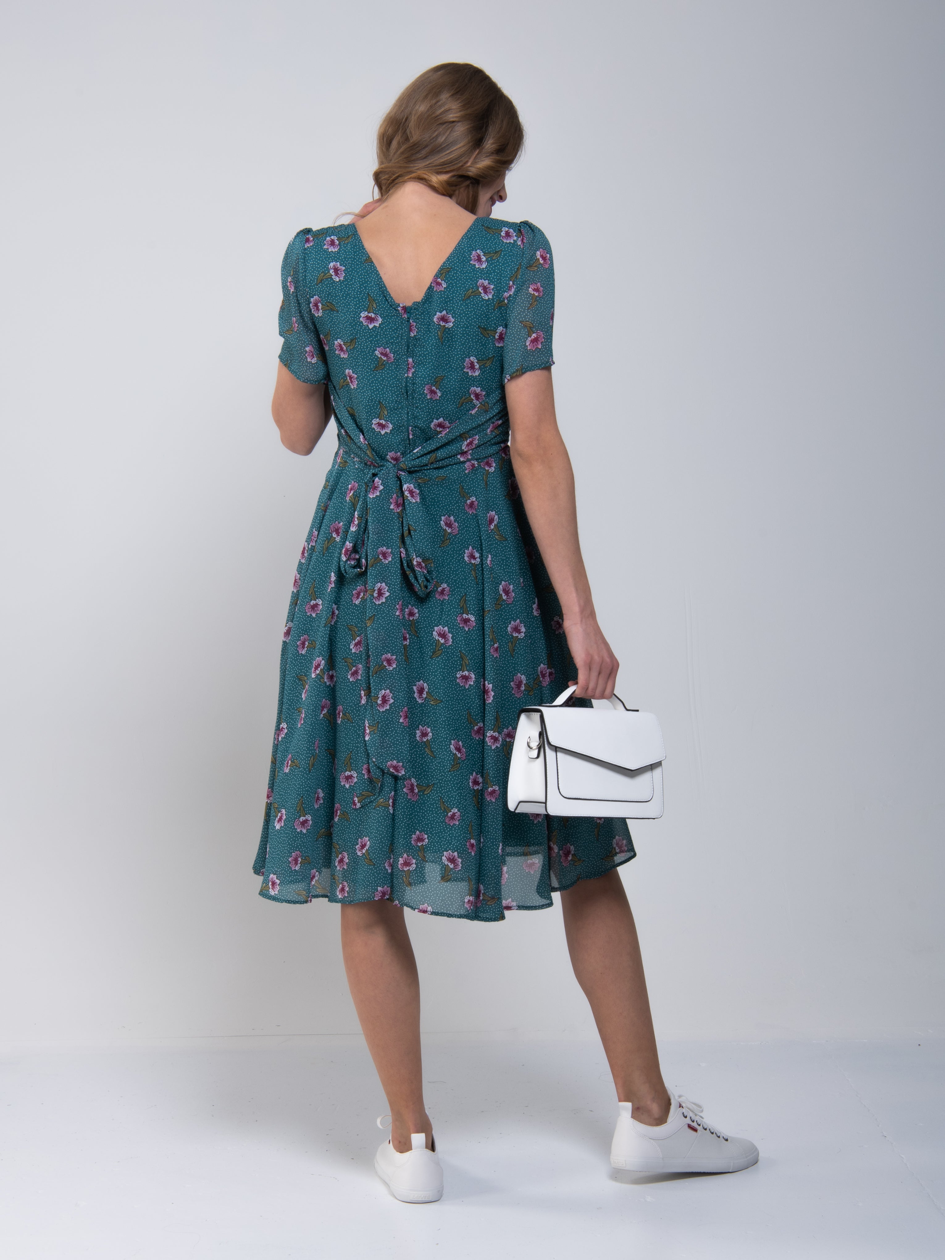 Floral Print Chiffon Tea Dress, Teal Floral