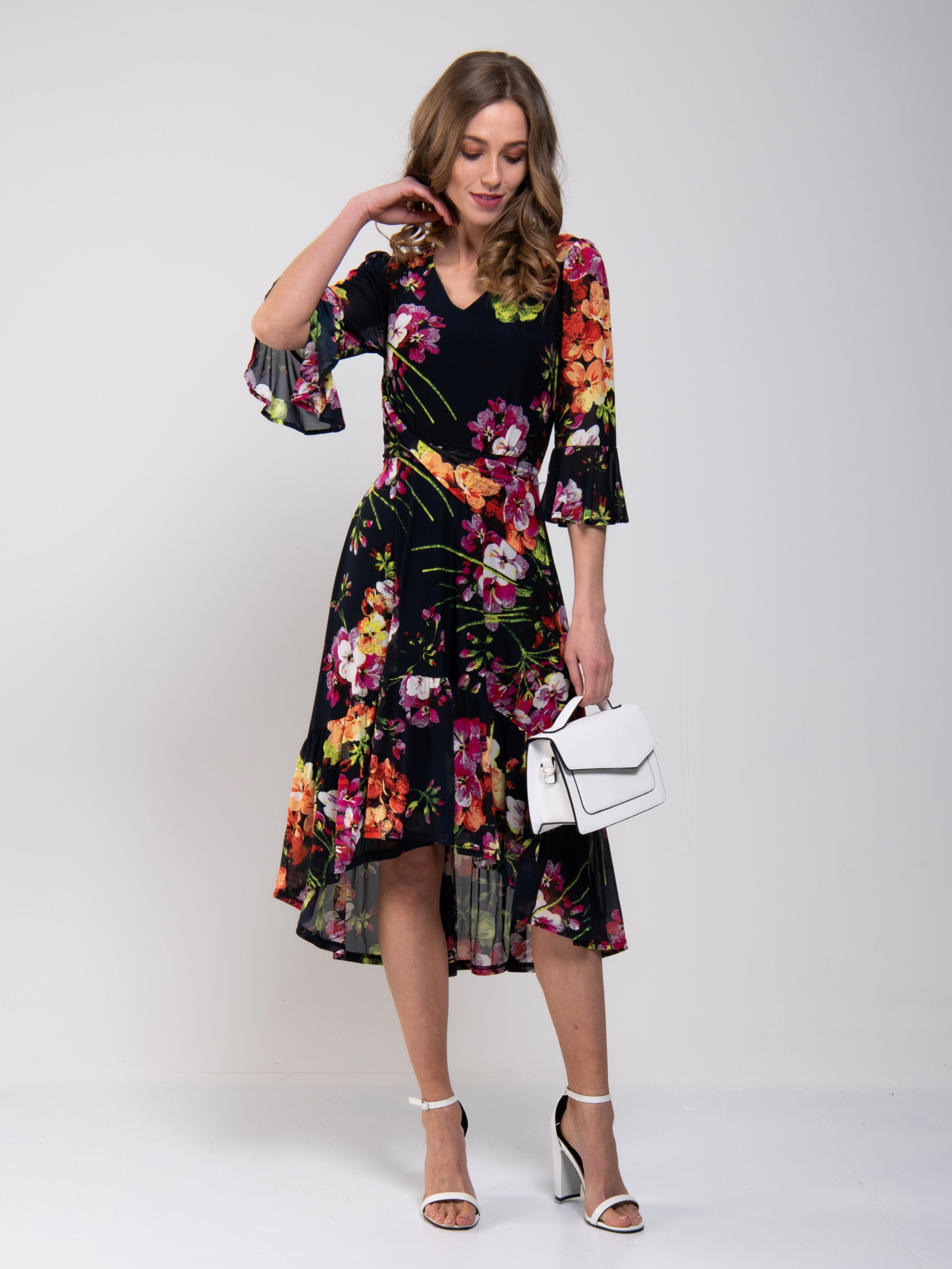 Jolie Moi Dipped Hem Mesh Midi Dress, Navy Floral