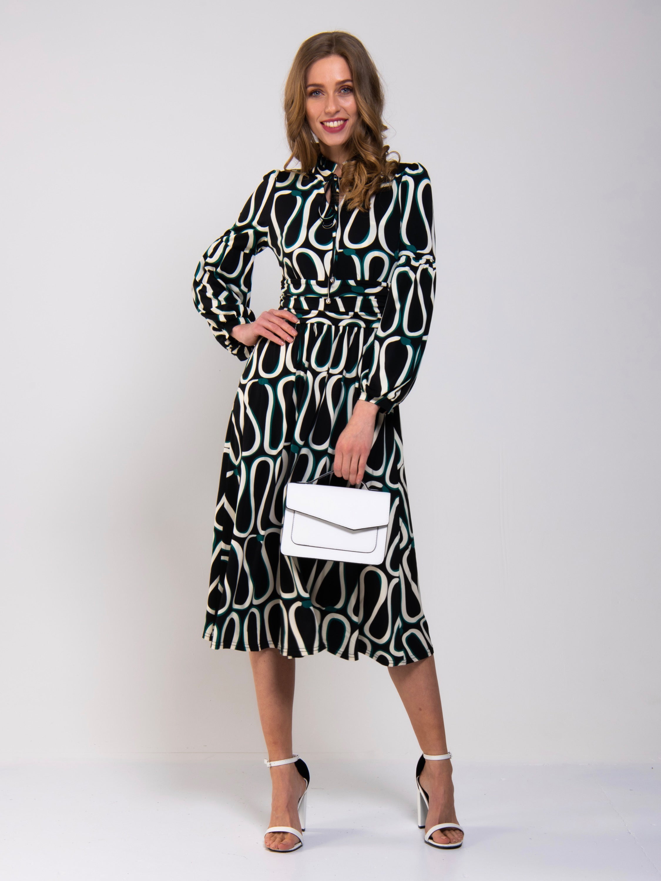 Print Long Sleeve Midi Dress, Black Pattern