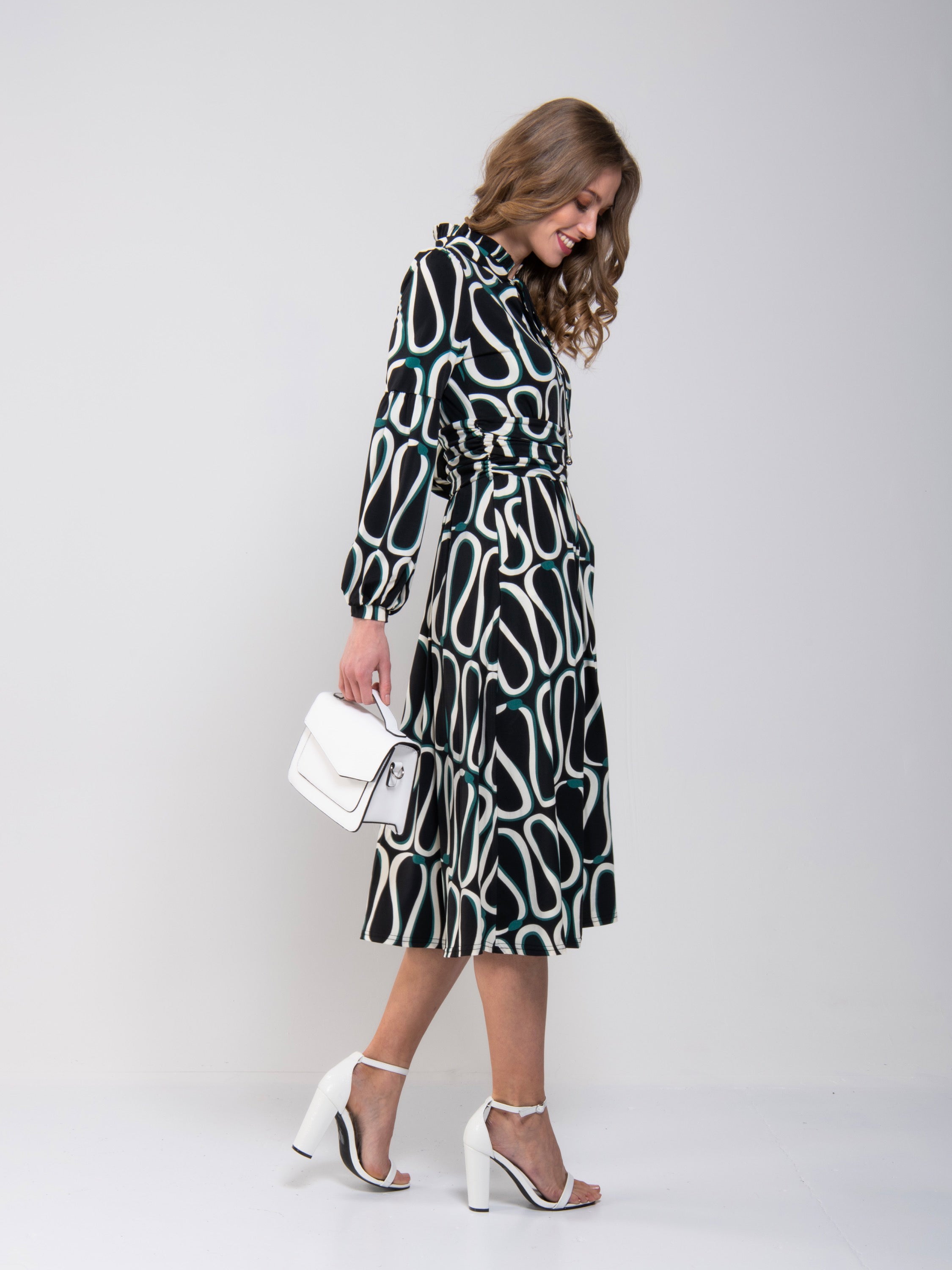 Print Long Sleeve Midi Dress, Black Pattern